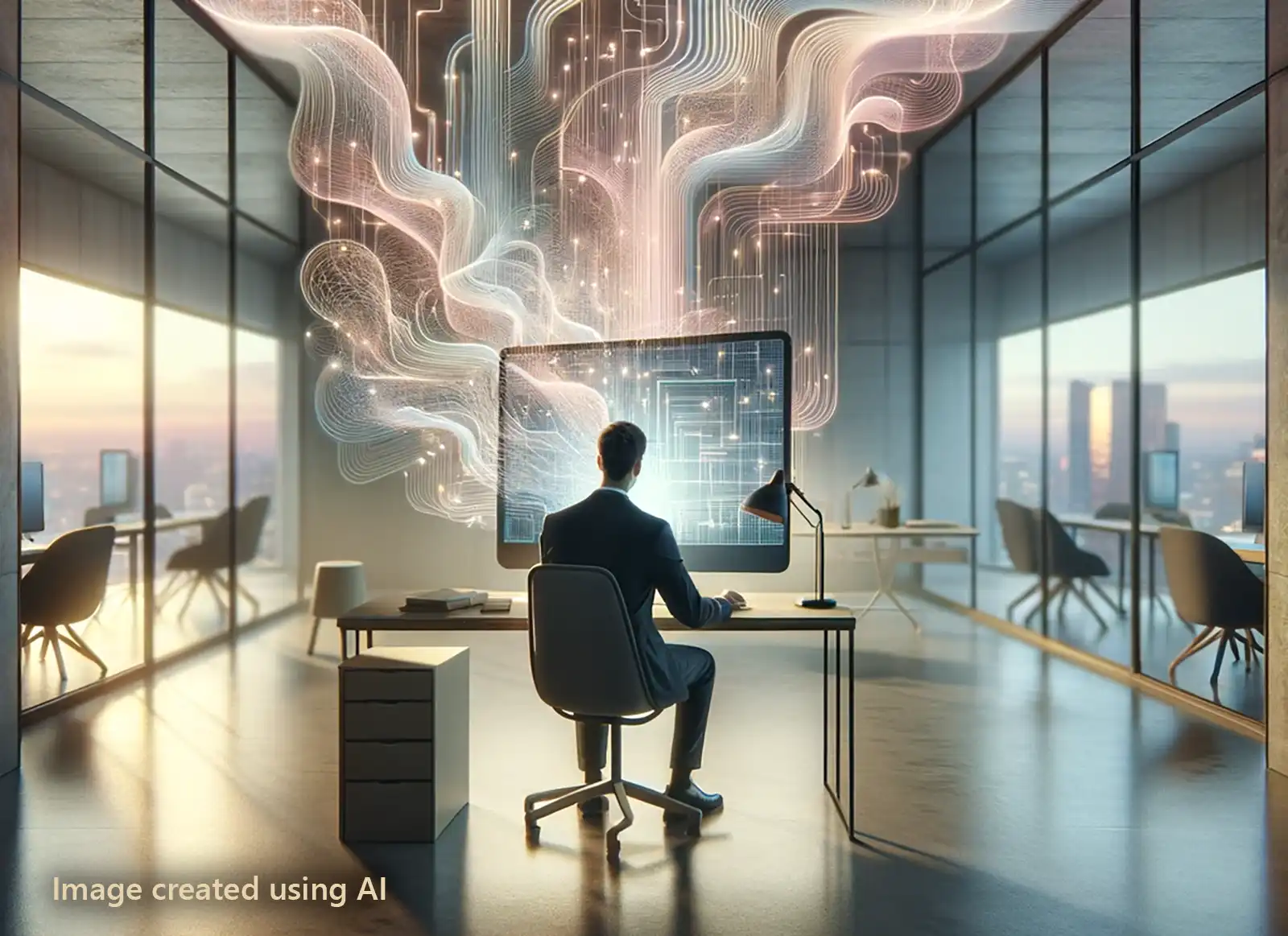 AI generated image: A man sits at a desk in an empty office, and out of his computer screen flow thousands of glowing lines representing information spreading uncontrollably.
