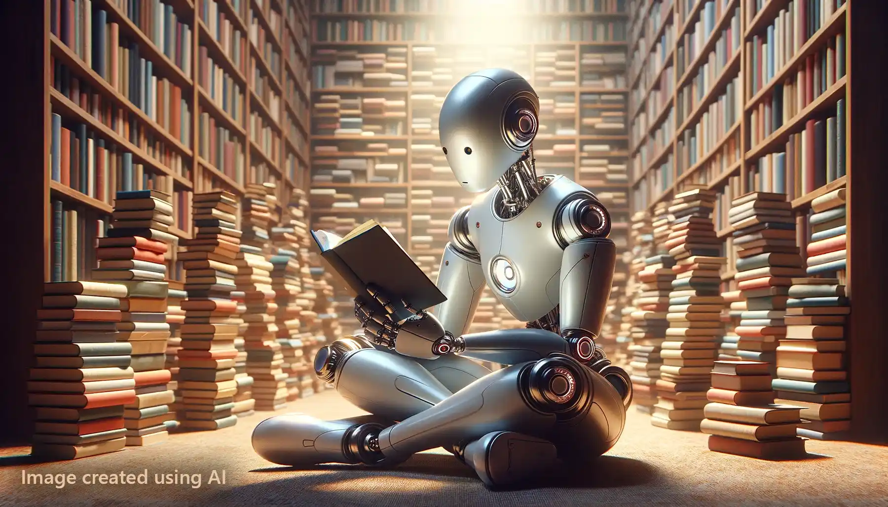 AI generated Image: A robot sits on the floor of a room in a library, reading a book.