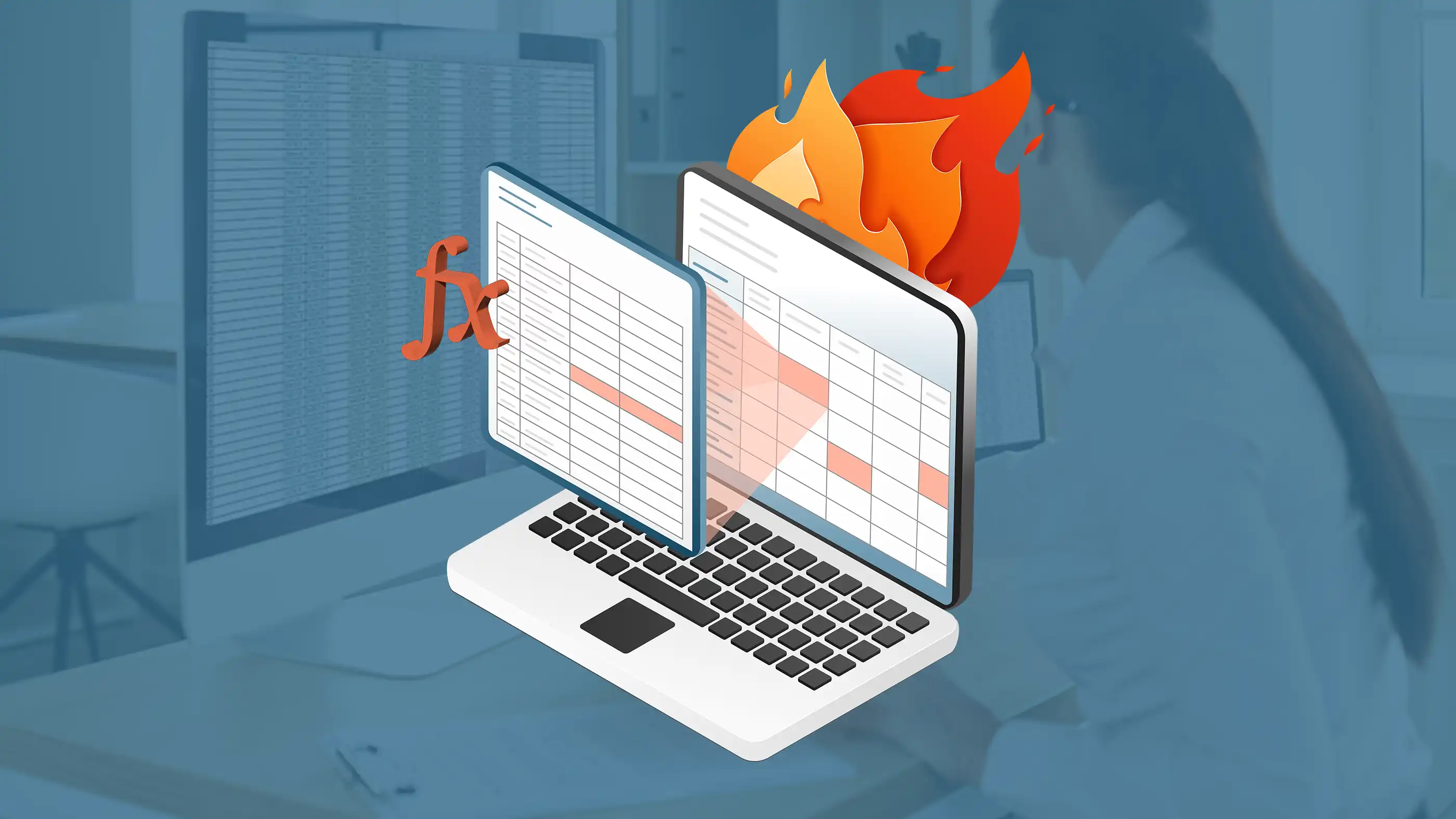 A 3D graphic of a laptop with a spreadsheet open on the screen and a function icon floating in front of the screen. The laptop is on fire.