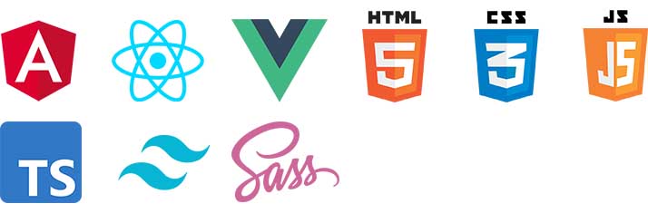 Icons: Angular, React, VueJS, HTML5, CSS3, JS, Typescript, TailwindCSS, Sass