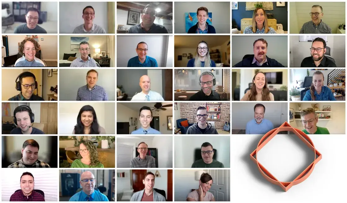 A grid of video call tiles showing the distributed TSG team.