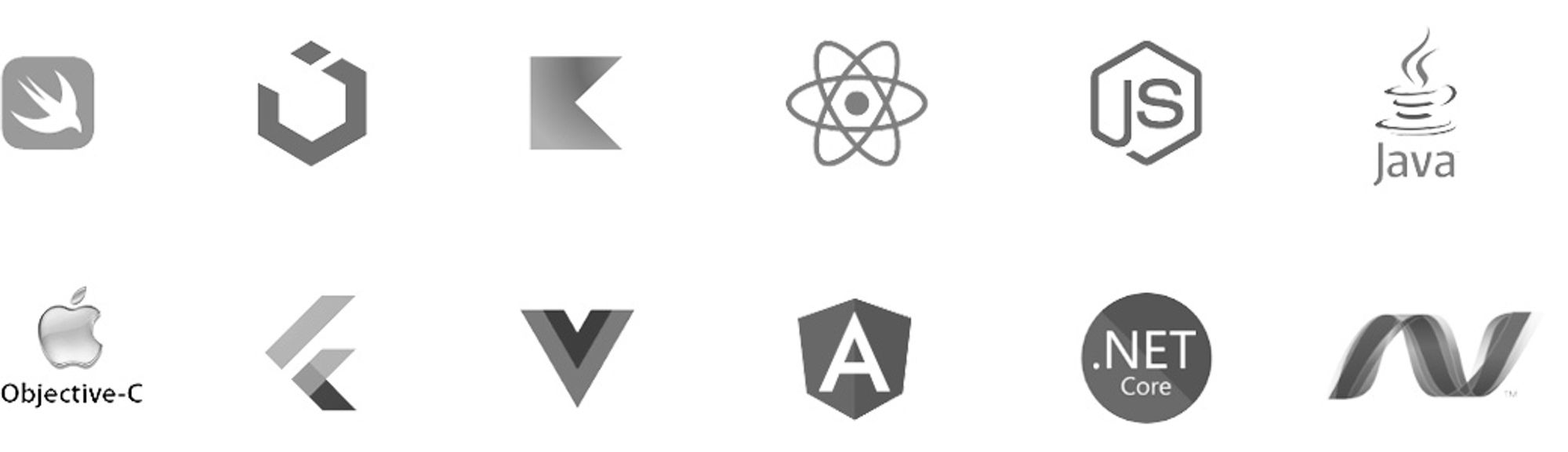 Icons of Swift, UI Kit, Kotlin, React, NodeJS, Java, Objective-C,  Flutter, VueJS, Angular, .NET Core, and ASP.NET