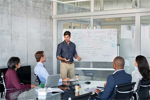 A team of 5 people in a room with one man standing in front of a whiteboard, facilitating the group conversation.