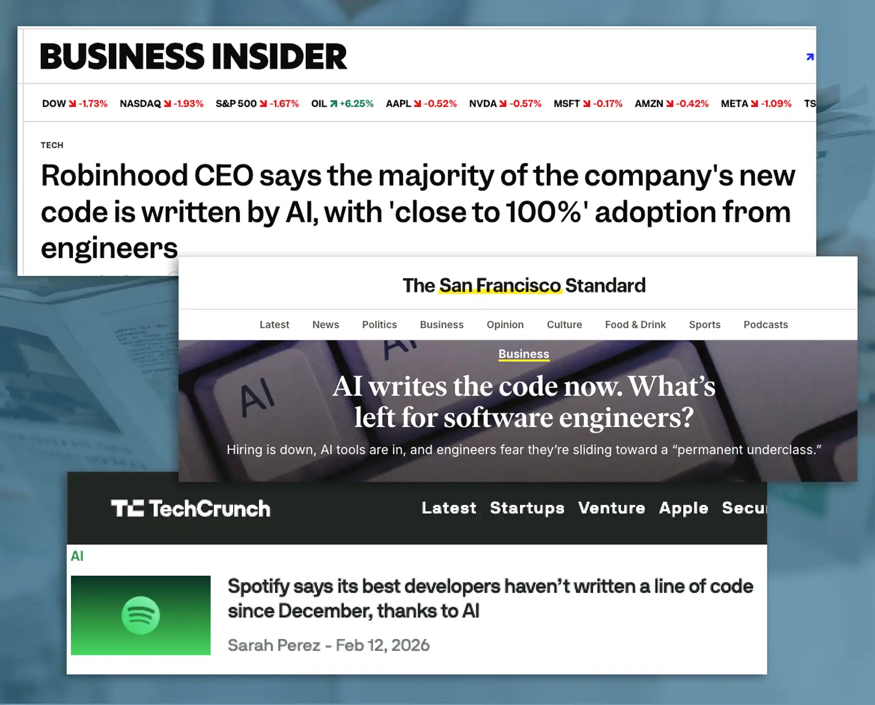 Screenshots of headlines about AI replacing developers from three publications: Business Insider, The San Francisco Standard, and TechCrunch.