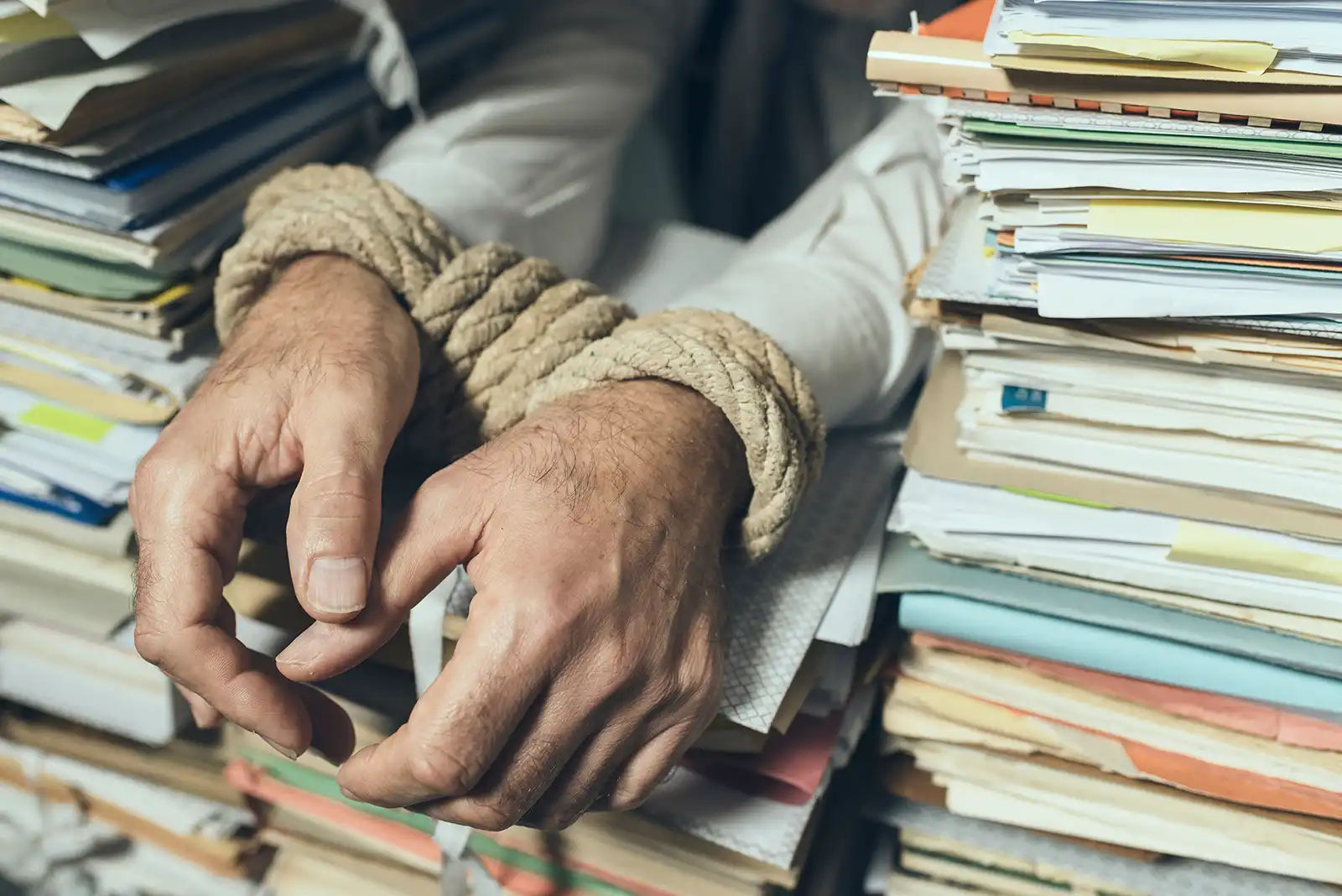 A Businessman's hands are tied up with rope and surrounded with large stacks of documentation.