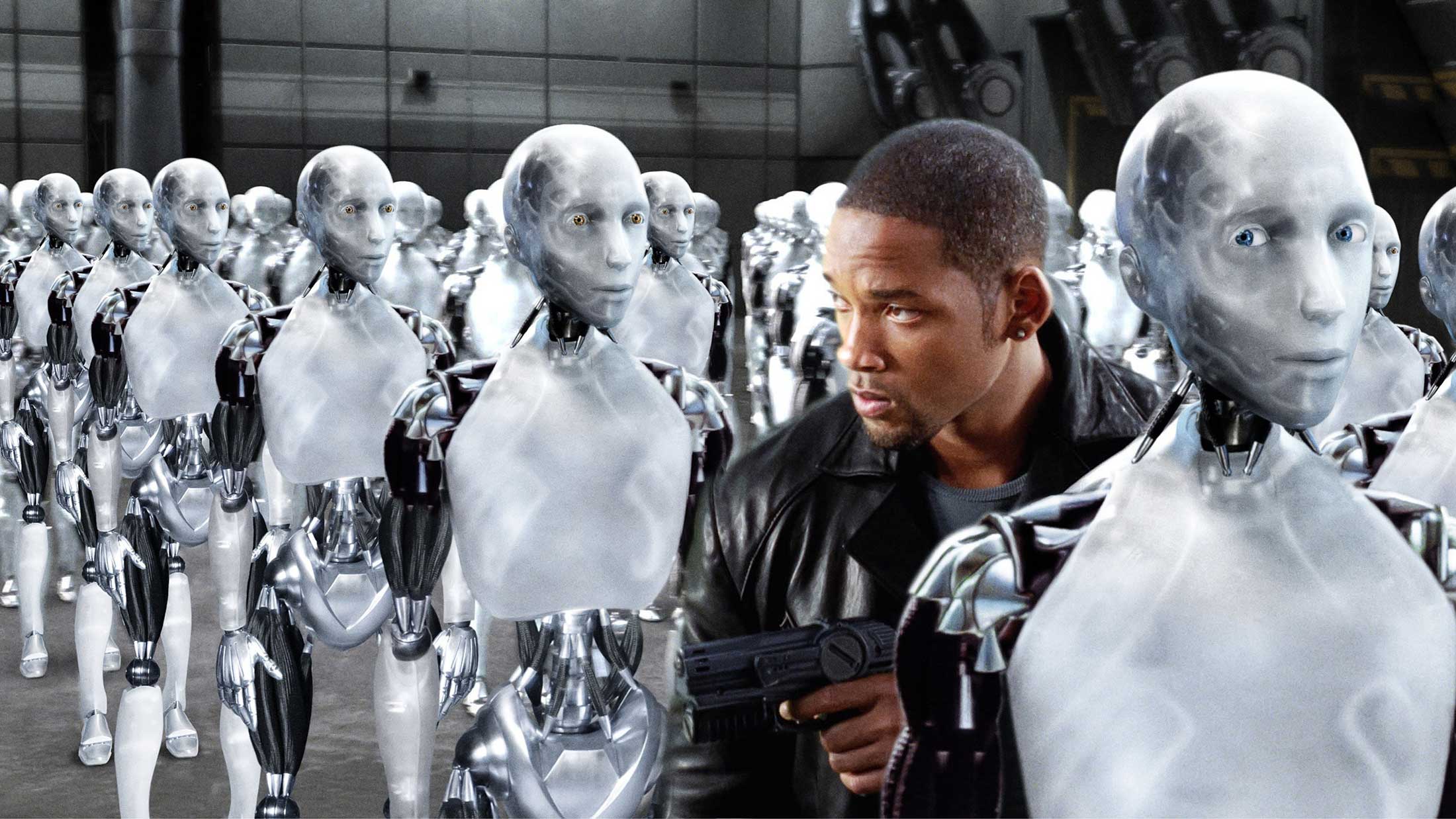Will Smith suspiciously weaves his way through an army of AI robots, from the movie I-Robot
