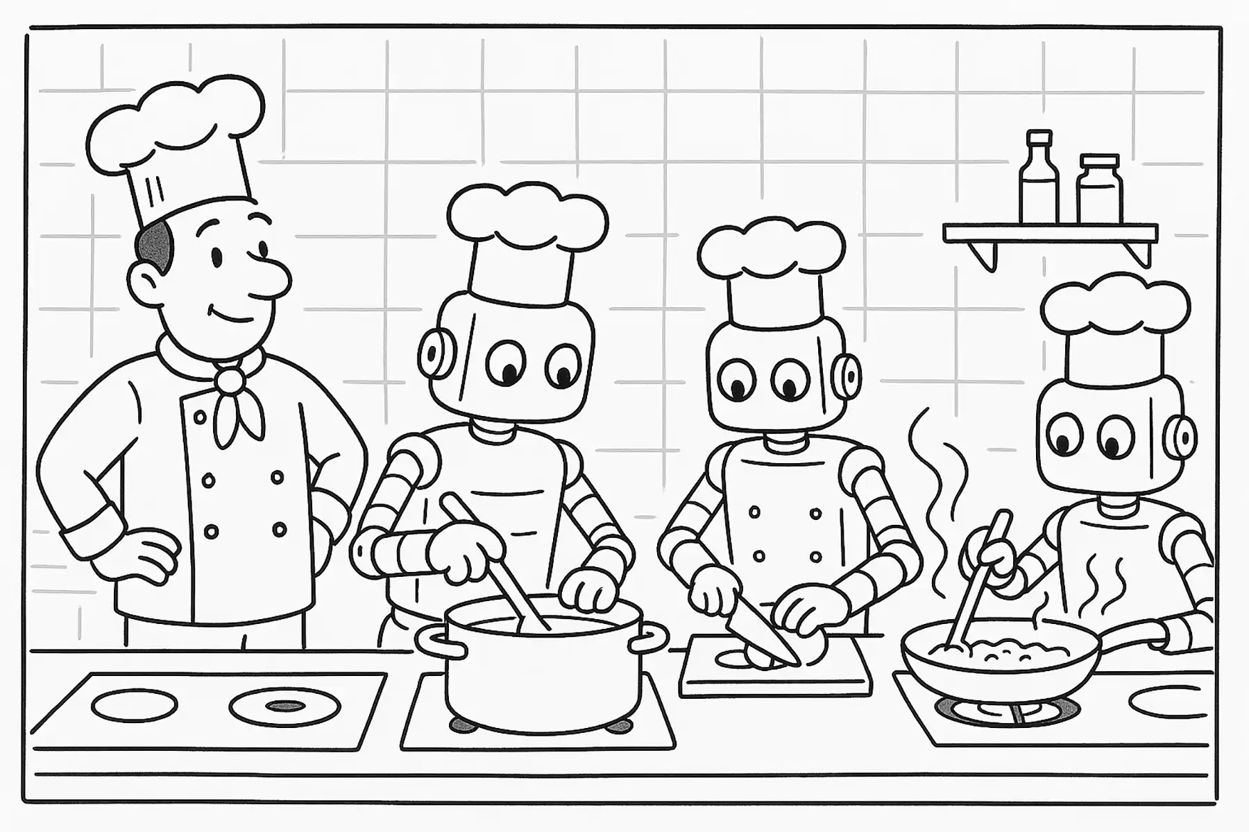A chef watches on proudly as his three little worker AI robots diligently prepare the food in the kitchen. He has raised them well. 