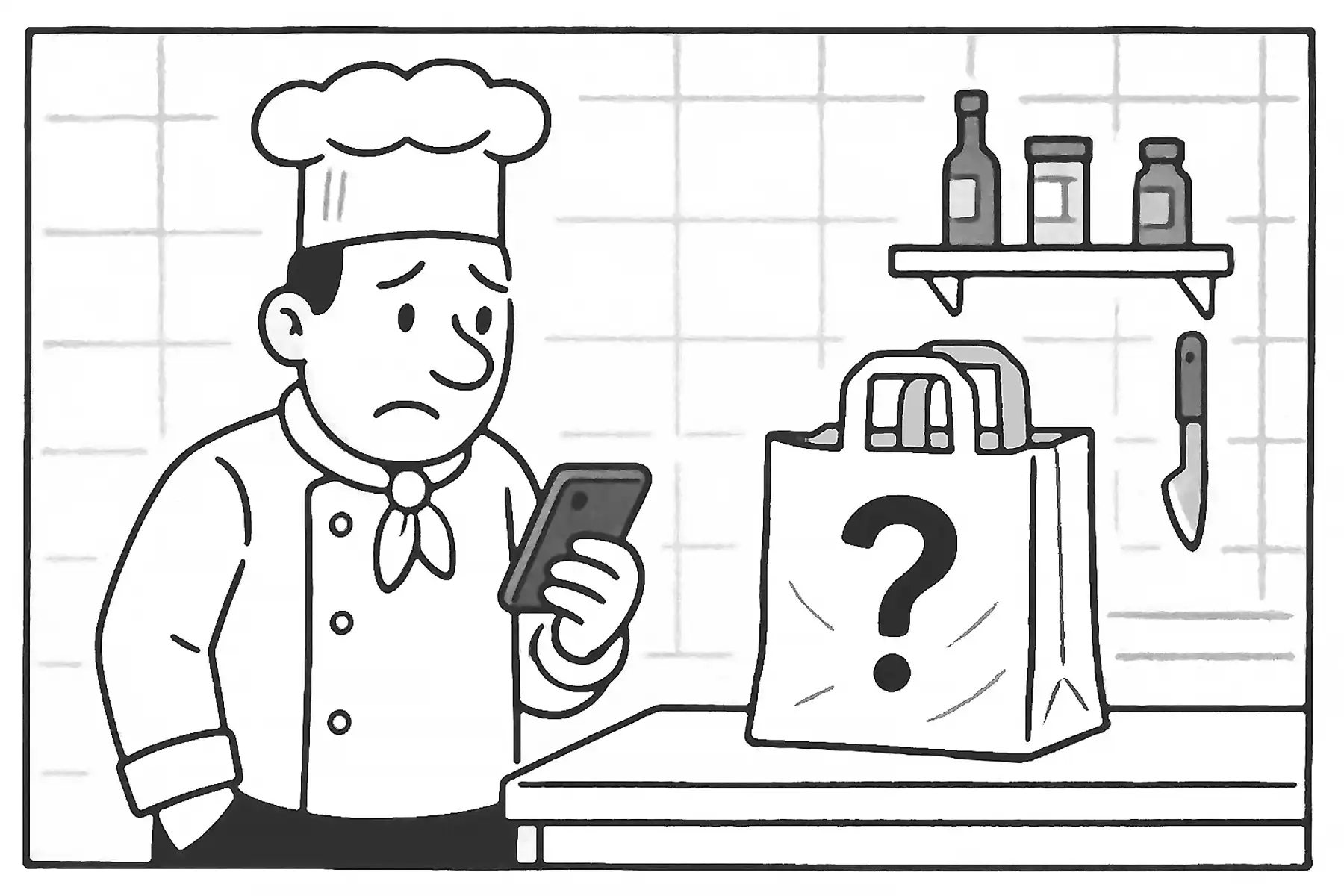 A sad chef looks at his phone while a bag of food sits on the counter next to him, labeled with a question mark. He is trying to Google what's in the bag, but Google cannot help him. 
