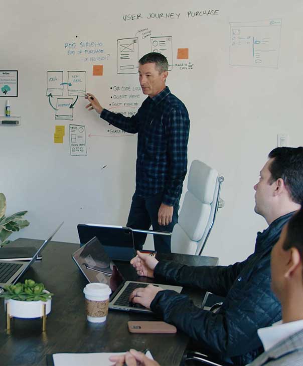 A team collaborating together by mapping out software processes on a whiteboard.