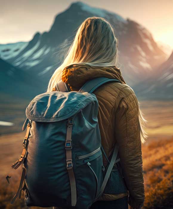 A hiker sports a stylish backpack, facing a setting sun dipping behind an imposing mountain range, made soft from the glow of the sunset. 
