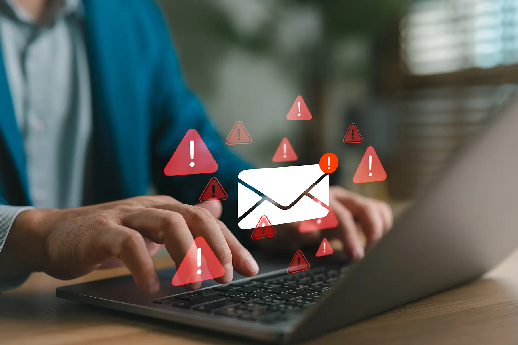 A person attempts to check their email but several "danger" sign graphics fill the air above their laptop. 