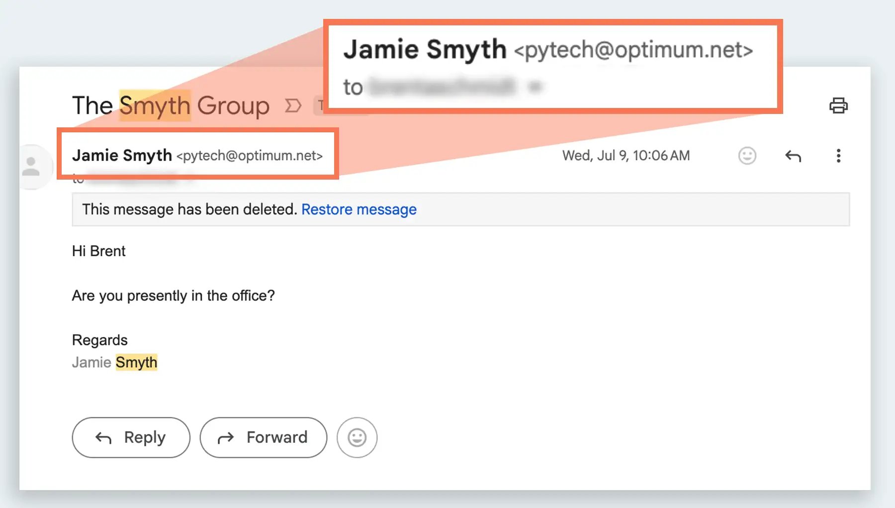 An email appears to be from Jamie Smyth, but a glimpse at the sender's email confirms that it is an unknown email impersonating Jamie Smyth.