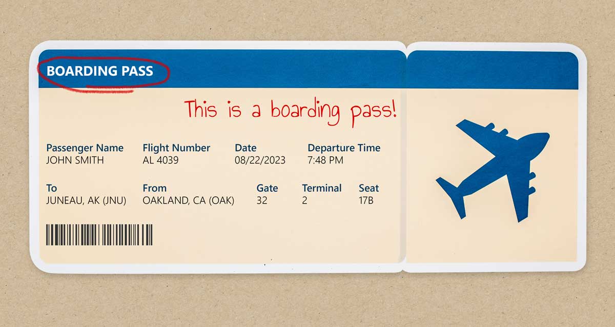 Boarding pass with a note written in red ink, reading: "This is your boarding pass!"