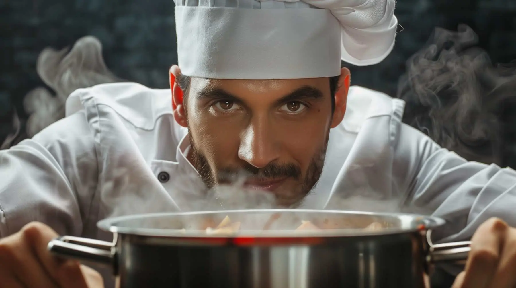 A chef proudly smiles over a steaming pot.