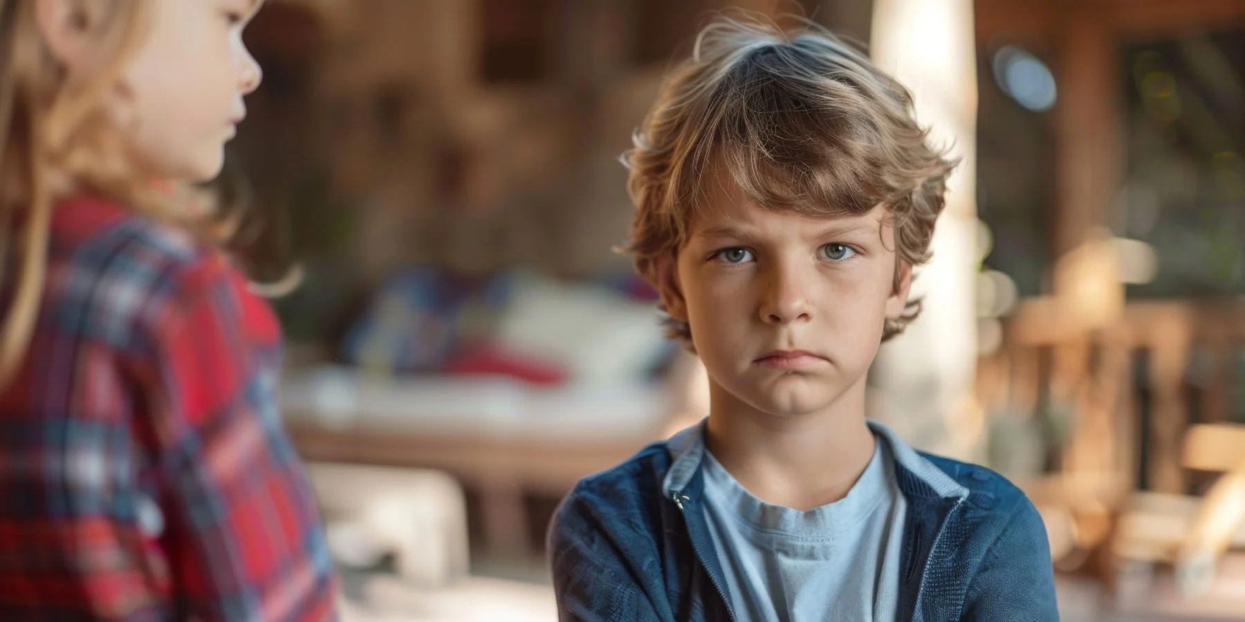 A boy with a cranky expression stares at the camera.