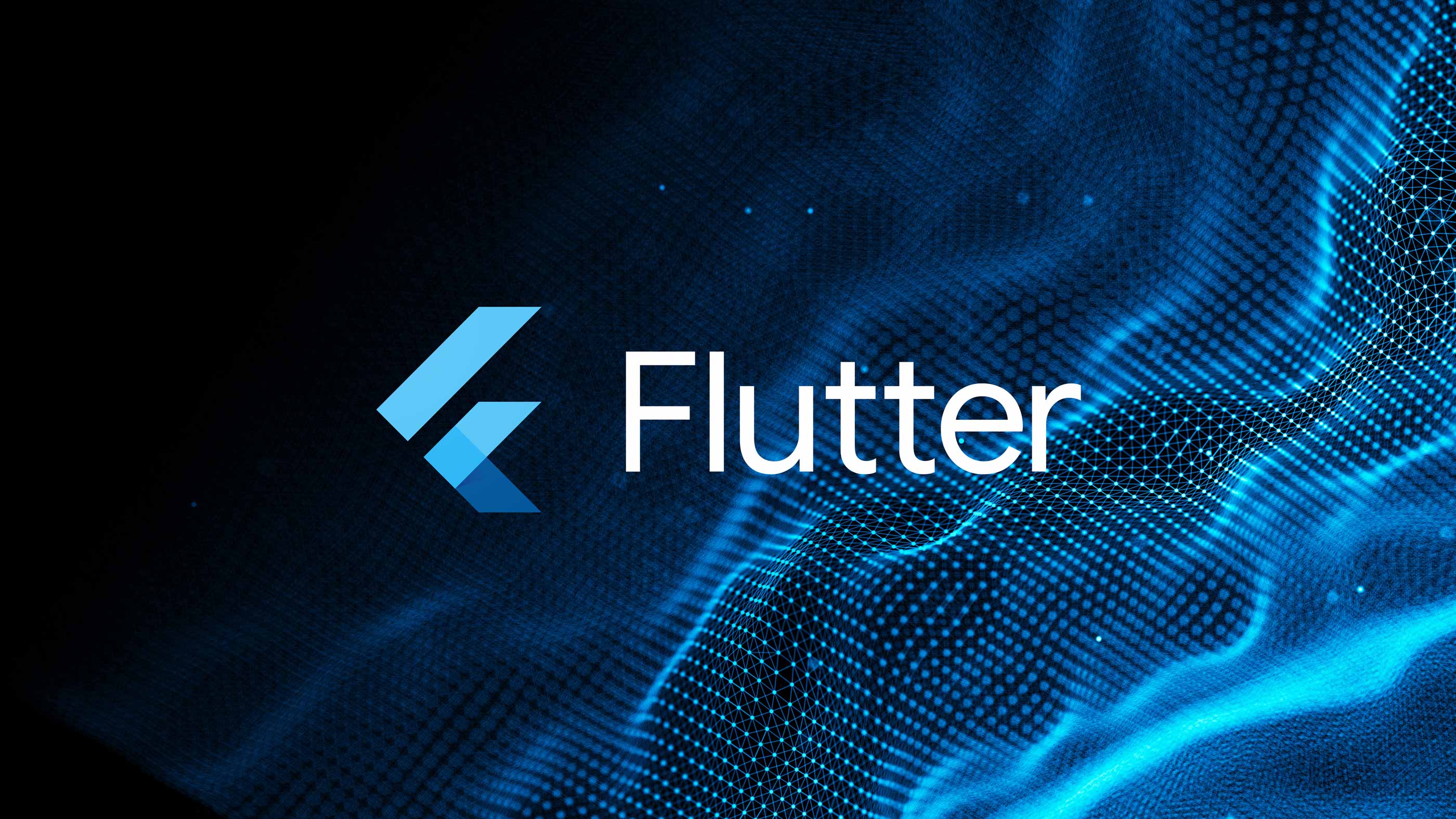 Flutter logo on a background of digital waves