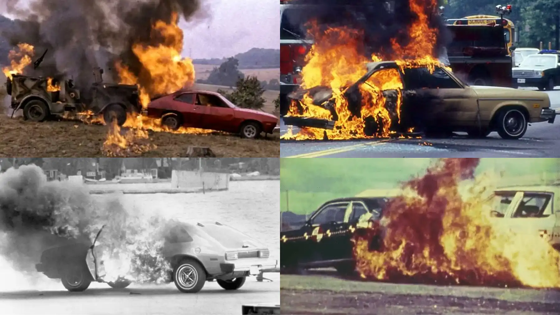 A complication of four images showing explosions of the poorly designed Ford Pinto.