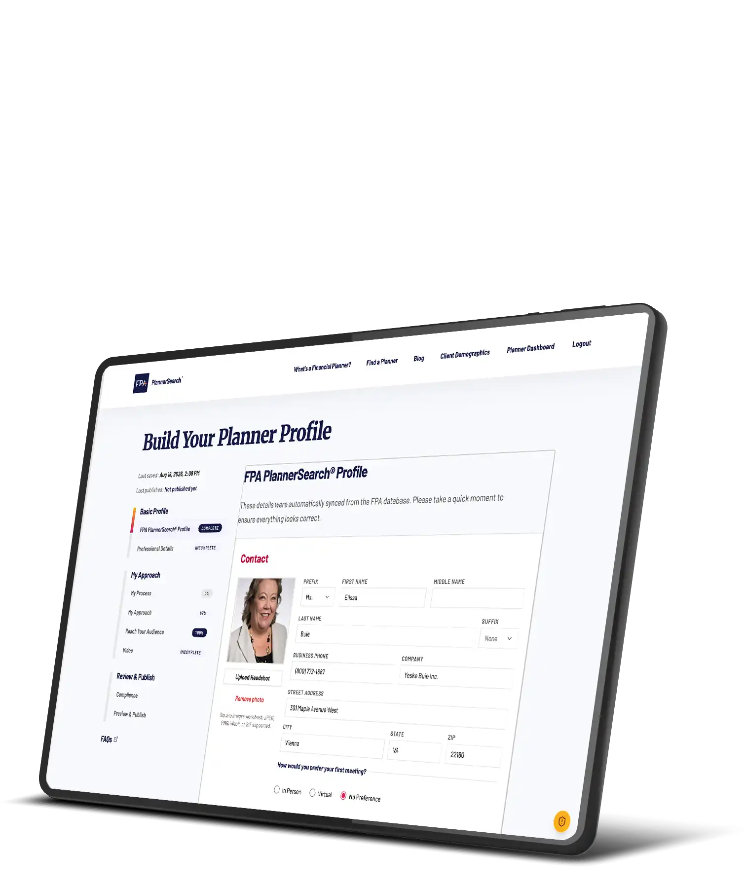 A tablet shows the rebuilt FPA PlannerSearch profile builder tool for planners.