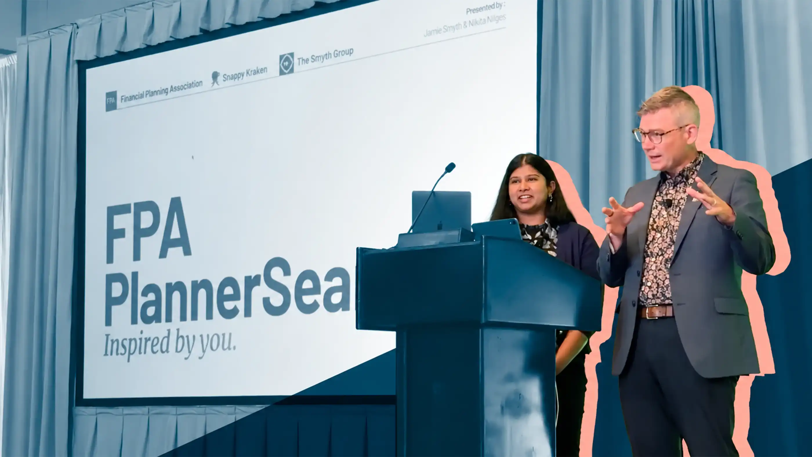 An edited photo of Jamie and Nikita during the PlannerSearch presentation.