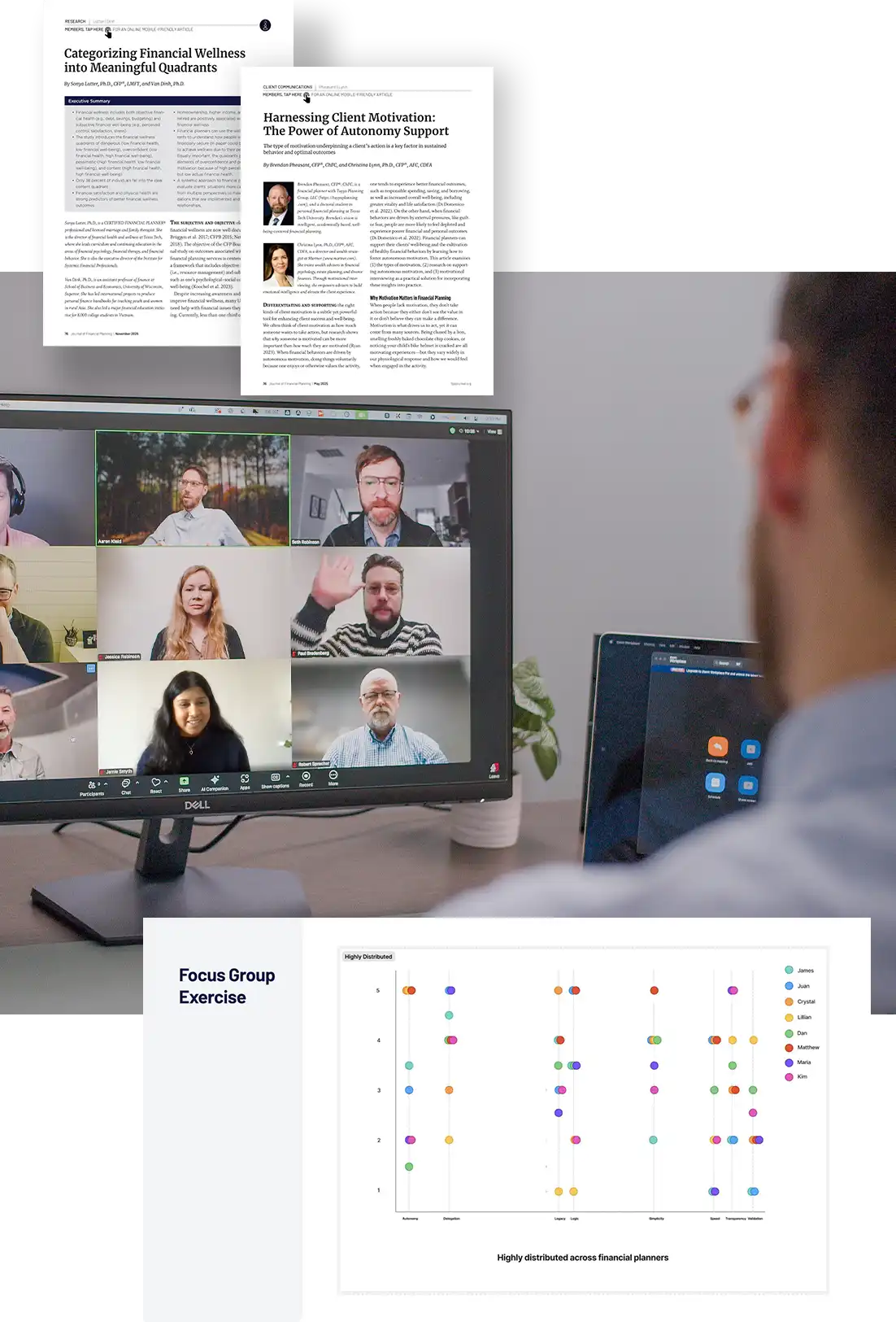 Our Design Coordinator Aaron is interviewing a CFP. Screenshots of two published academic papers are shown as well as a graph showing the results of a focus group exercise.