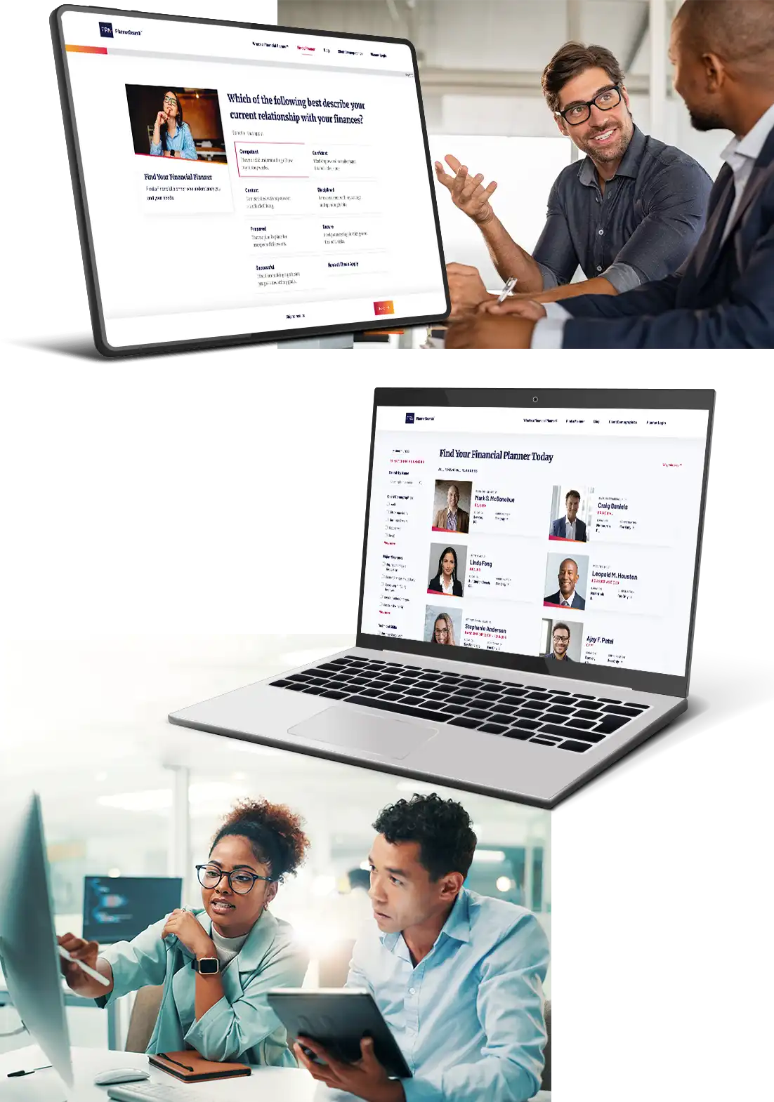 Images of happy people dealing with their finances are mixed in with devices showing the FPA PlannerSearch tool.