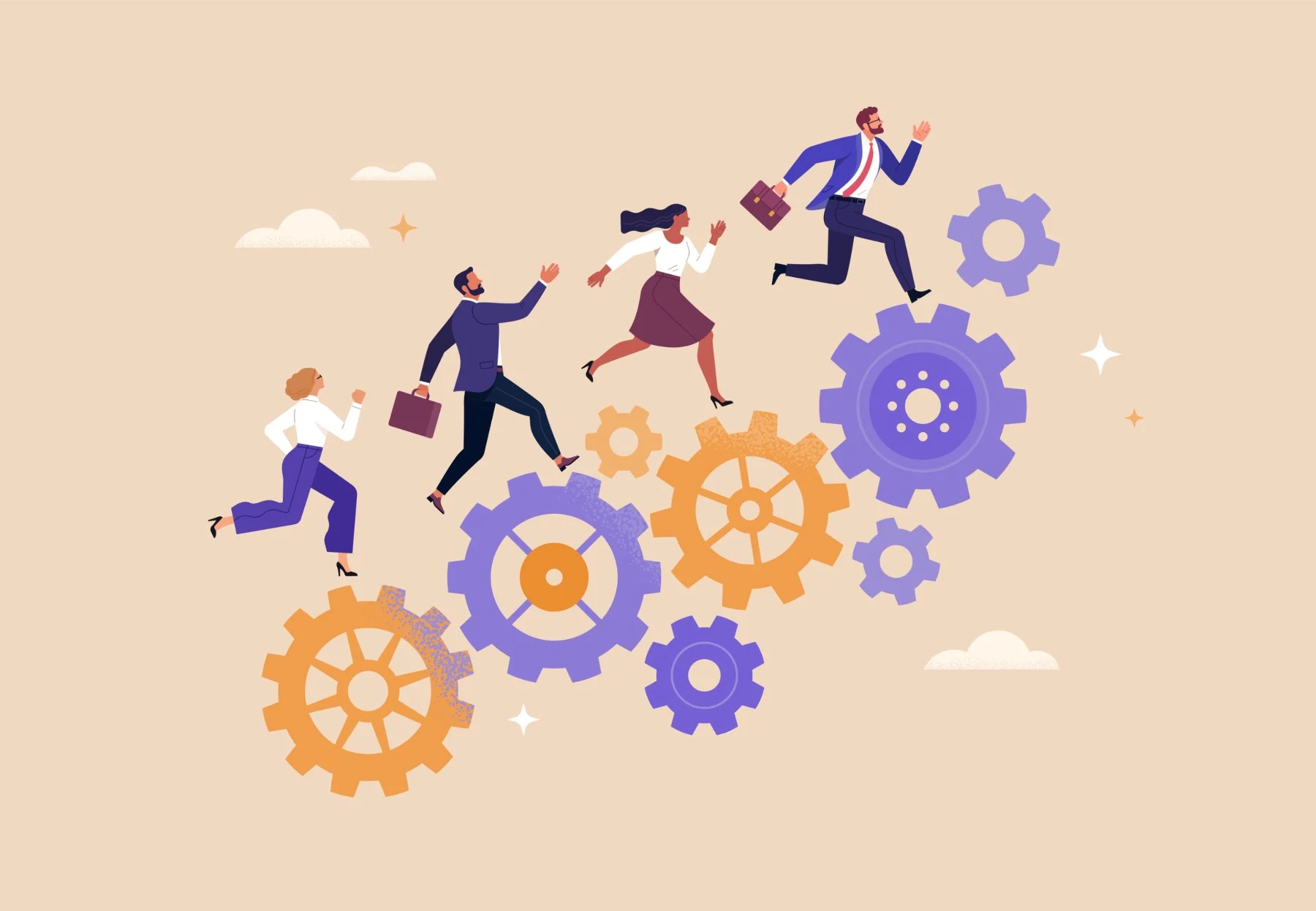 Four business people are running in the sky on floating gears, treating them like steps to heaven. This seems dangerous, but at least they're going somewhere. 
