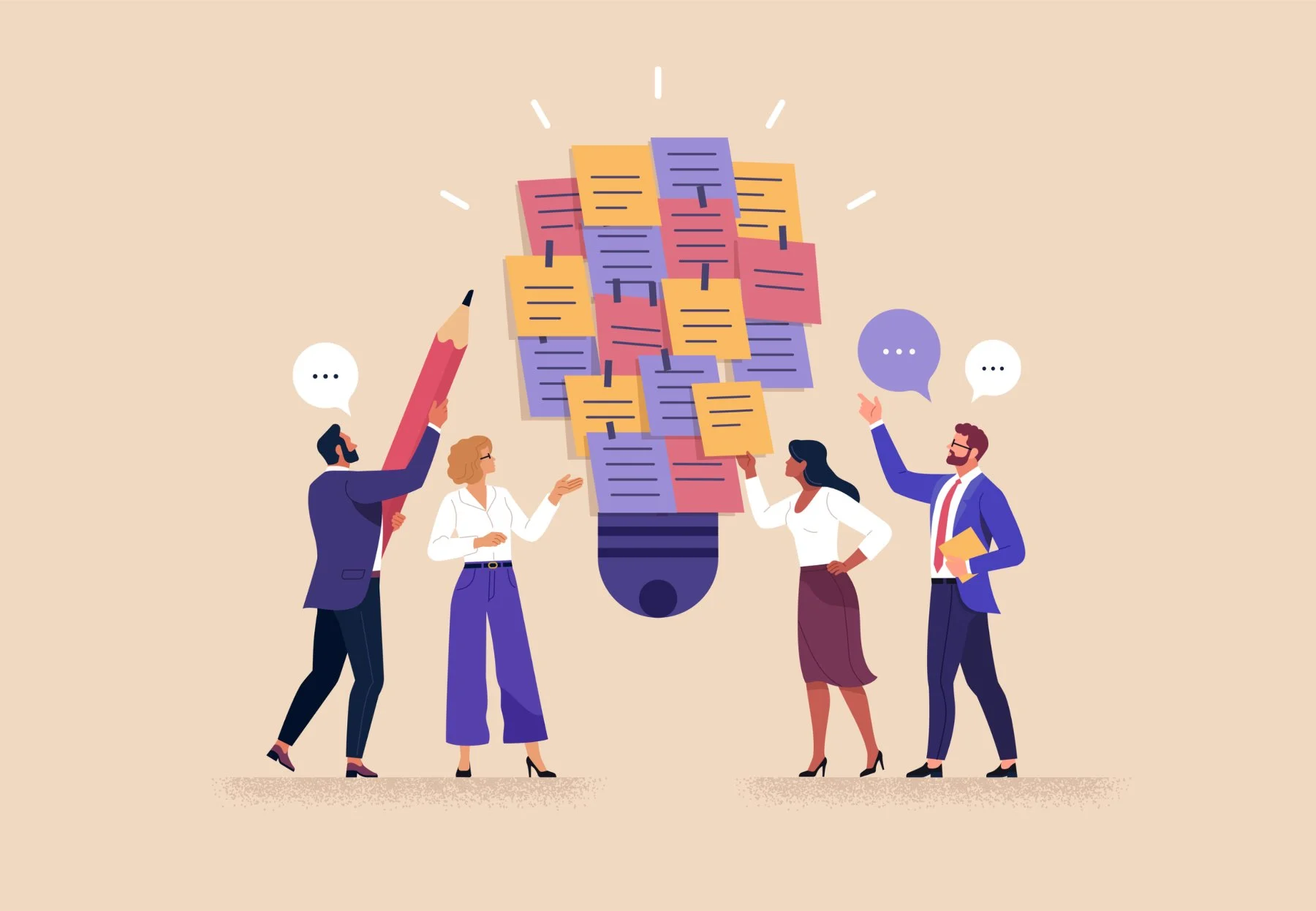 A group of business people are gathered around what looks like a floating pot overflowing with post-it notes with things written on them.