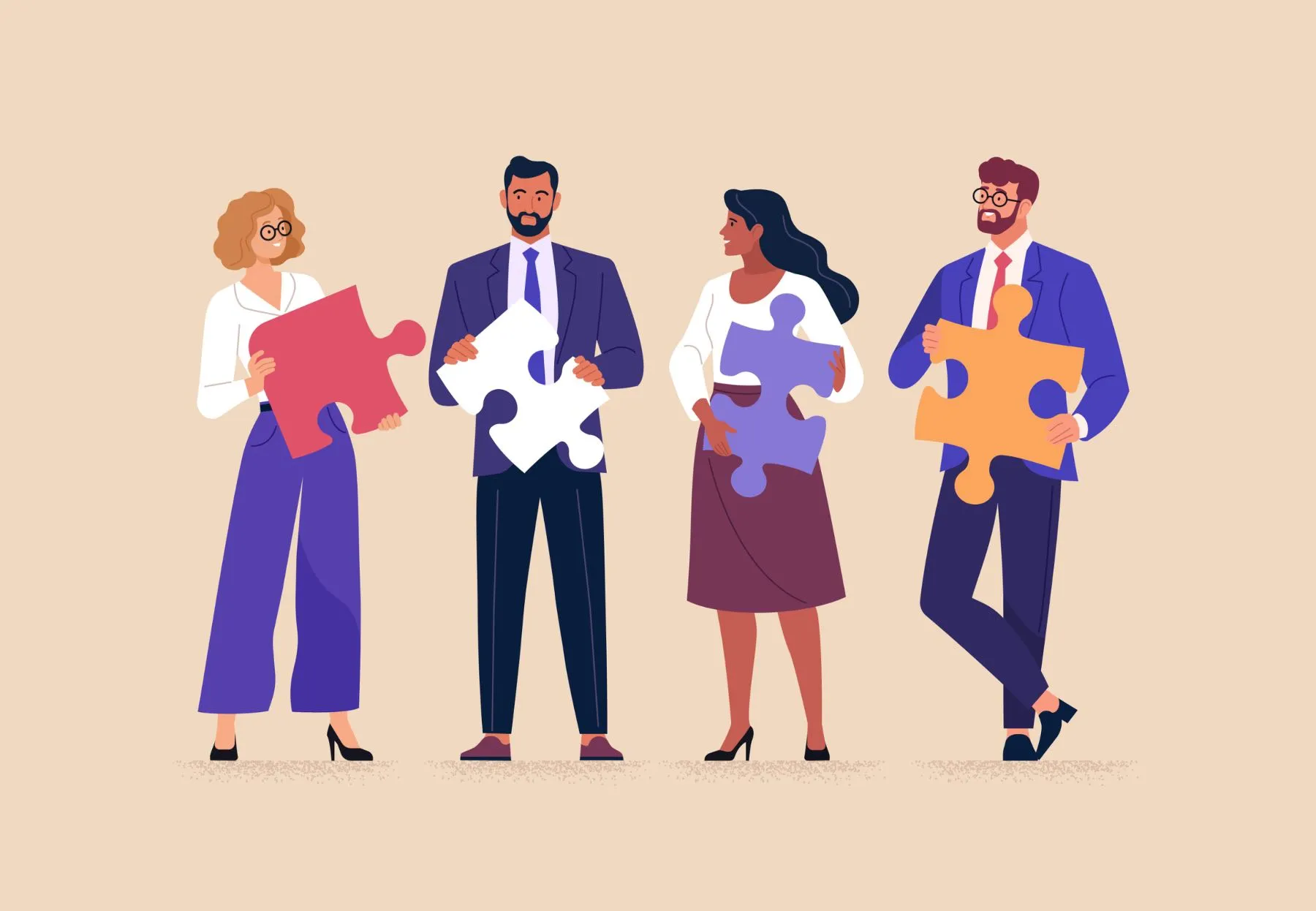 Graphic of four business people standing and holding large puzzle pieces of different colors. They admire each other's puzzle pieces. 