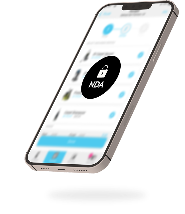 Phone screen with blurred app design and lock icon signifying that we cannot share the design due to NDA restrictions.