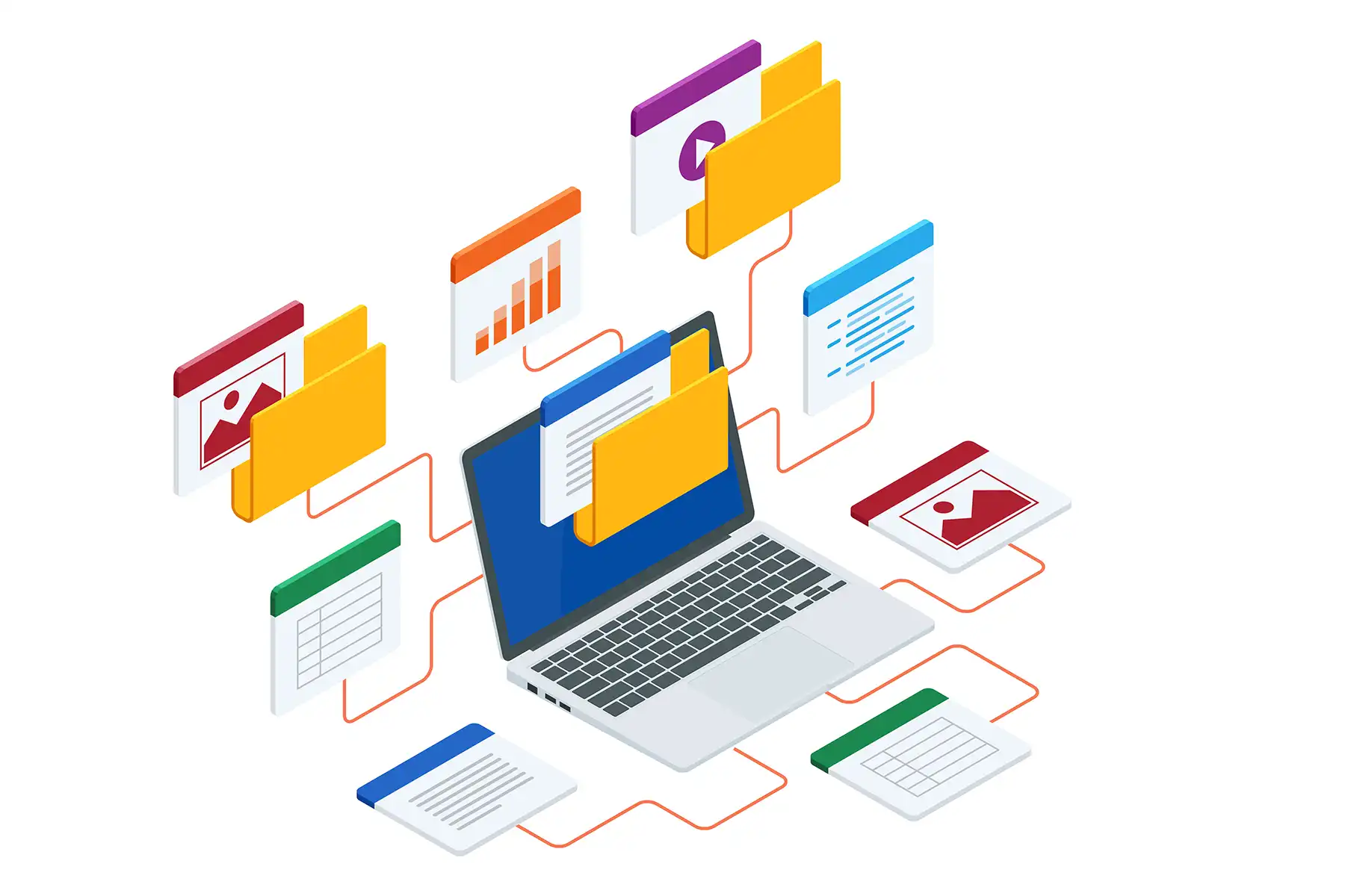 A computer is surrounded by digital folders with lines connecting to the laptop. 