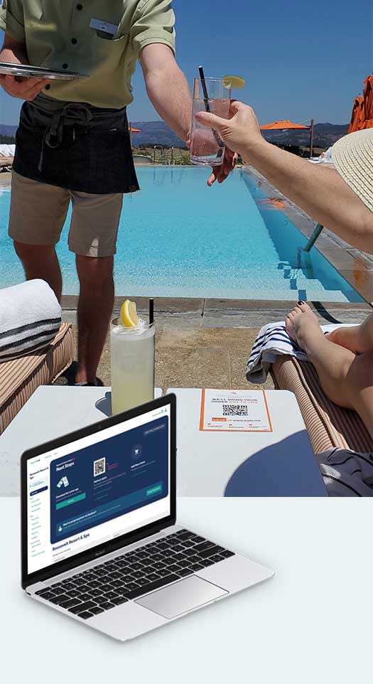 Photo of woman lounging by the pool being handed the drink she ordered through OUTO.ME