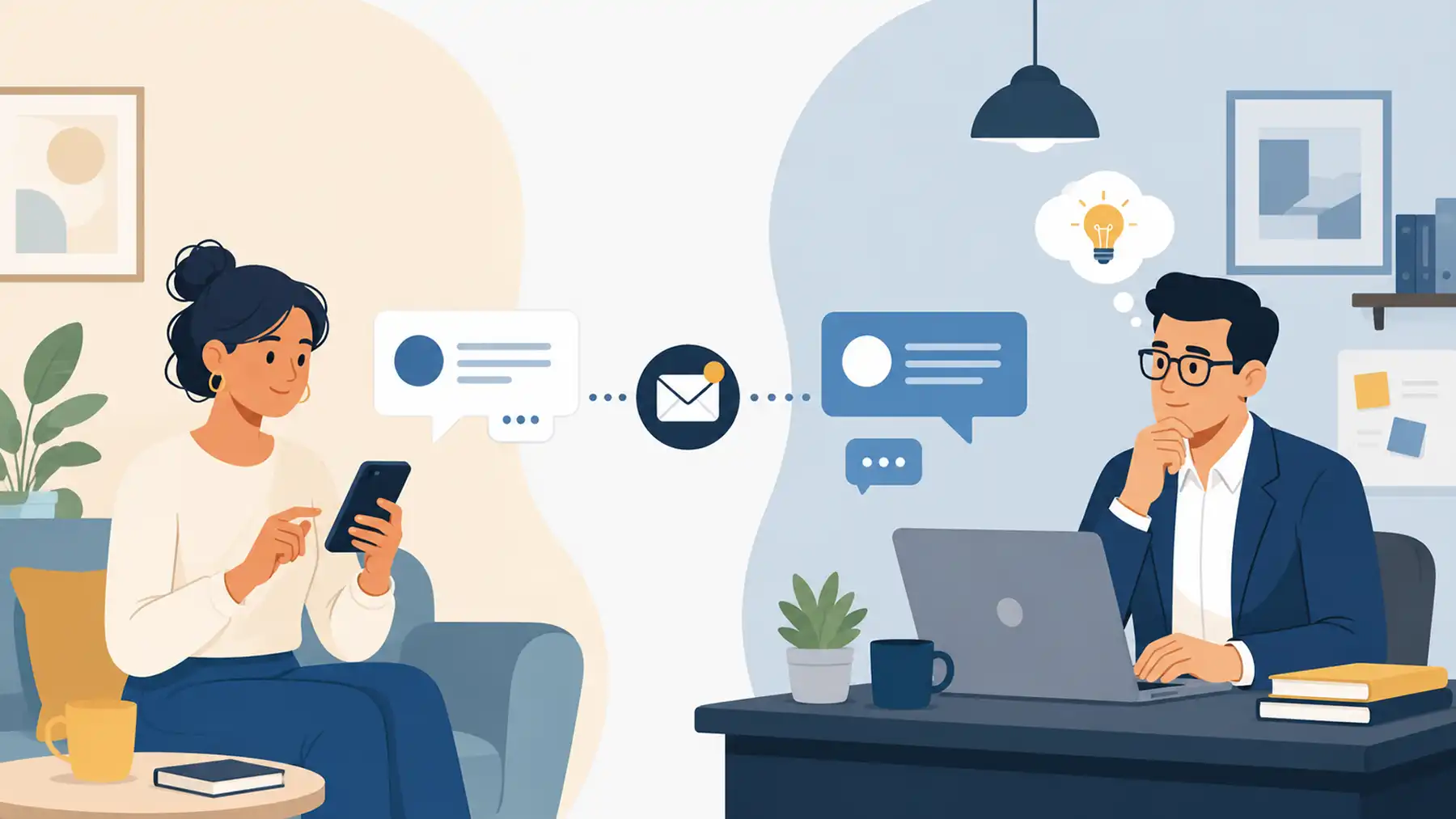 A graphic of a woman sitting at home on the left, and a Financial Planner in his office on the right. The woman sends a message to the Financial Planner. When he receives the message, a lightbulb over his head appears, conveying that he has an idea of how to appropriately respond to her inquiry.