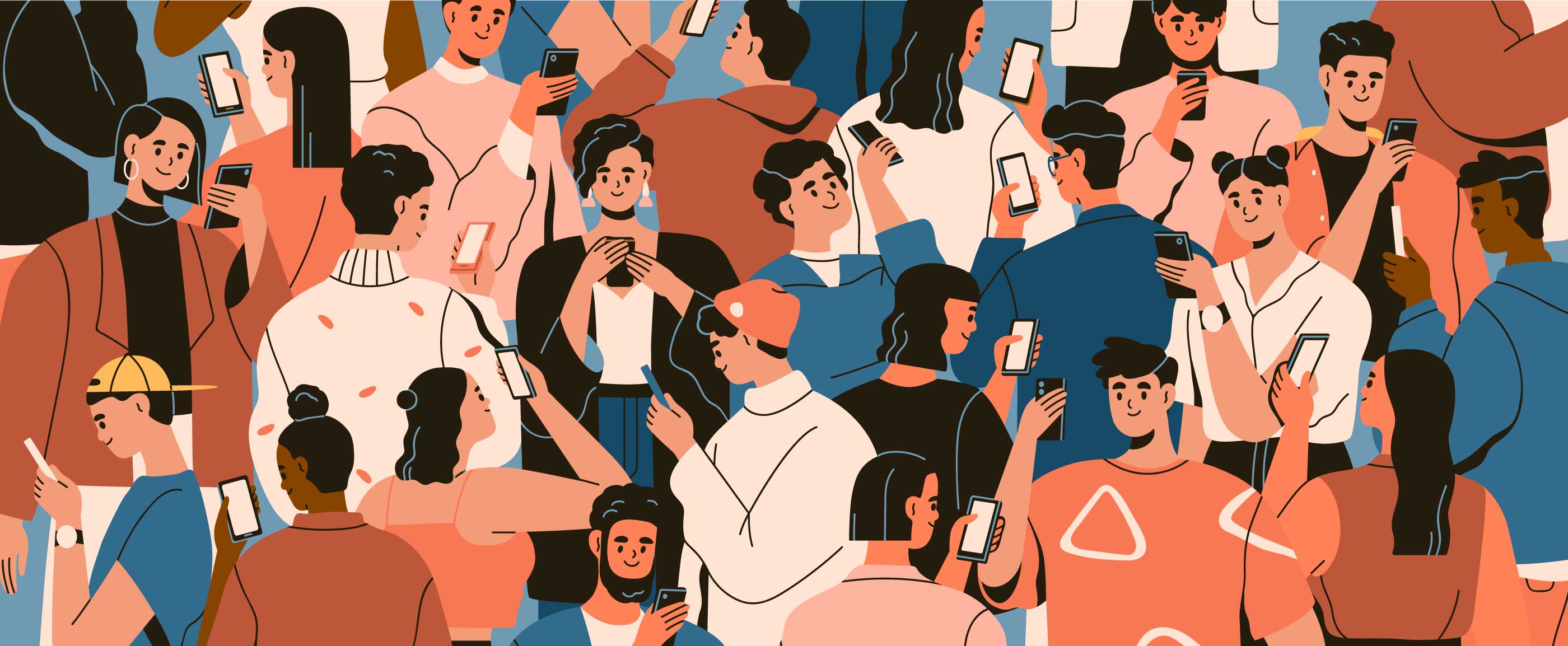 A funky illustration of a group of young people on their phones. 