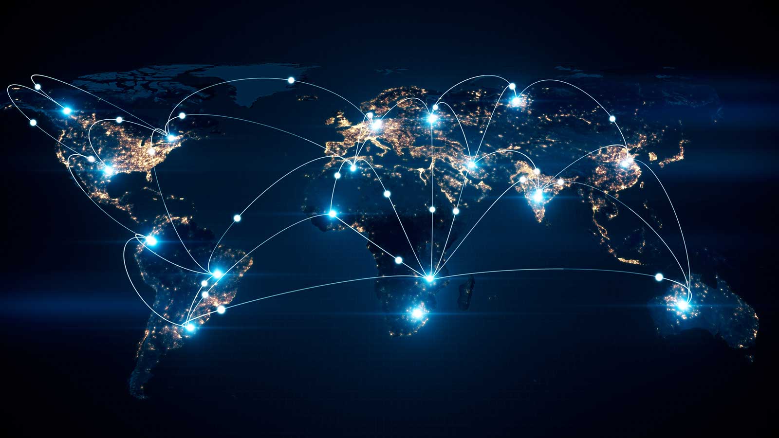 A digital view of earth from above, with connections jumping across continents, regions, and states. 