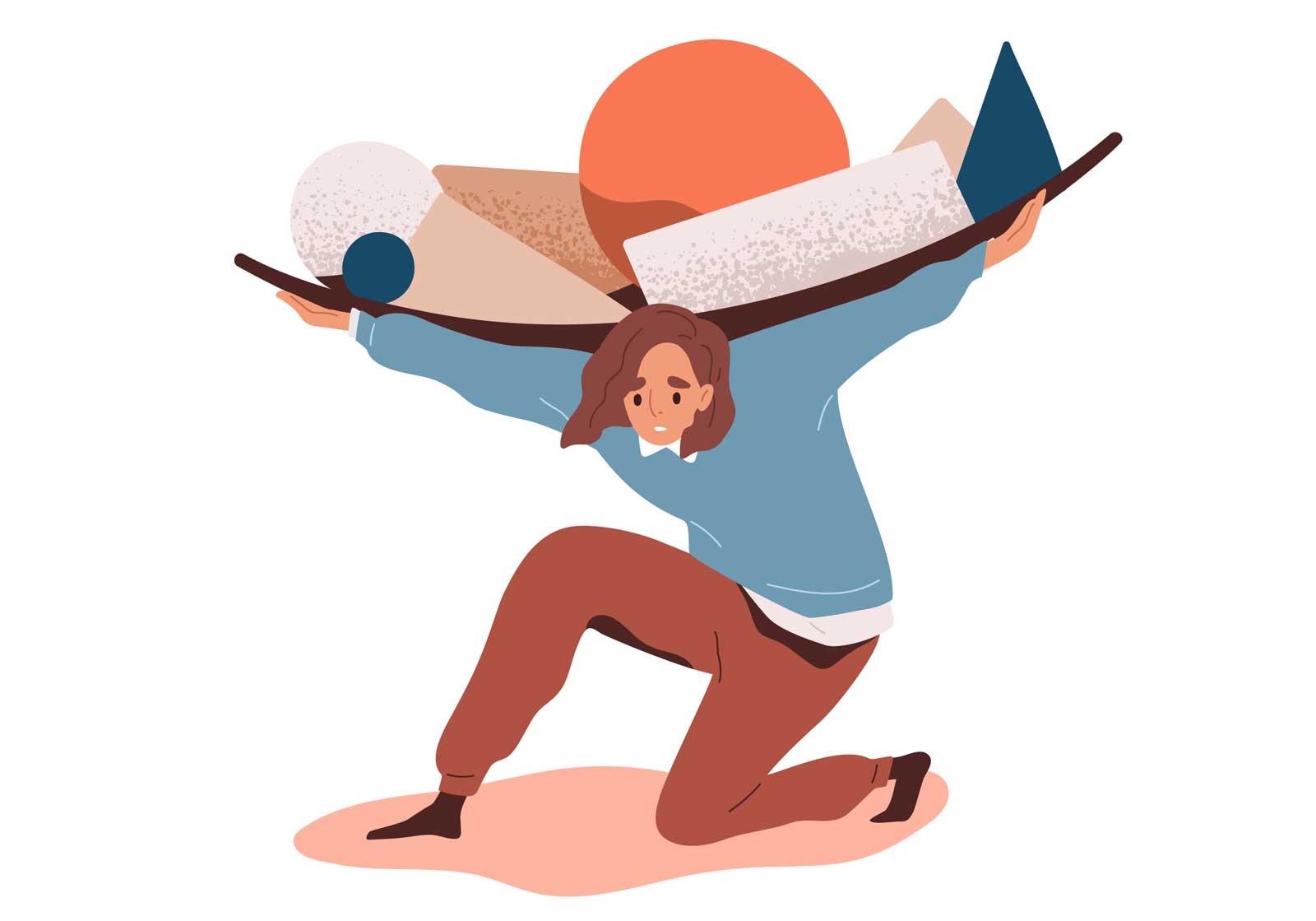 An illustration of a girl collapsing under a heavy load of abstract shapes. The circle looks particularly weighty.