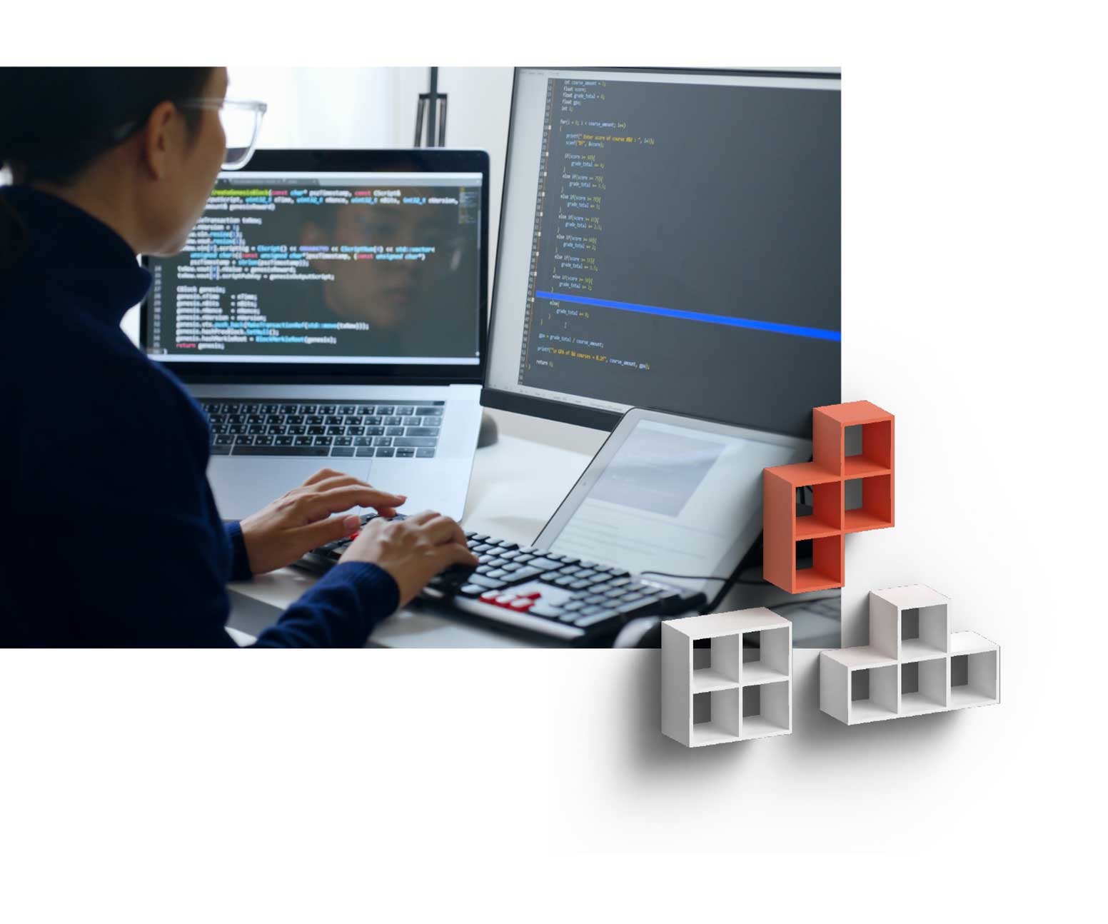 A person editing code on a computer with 3 screens, looking for errors and resolving issues.