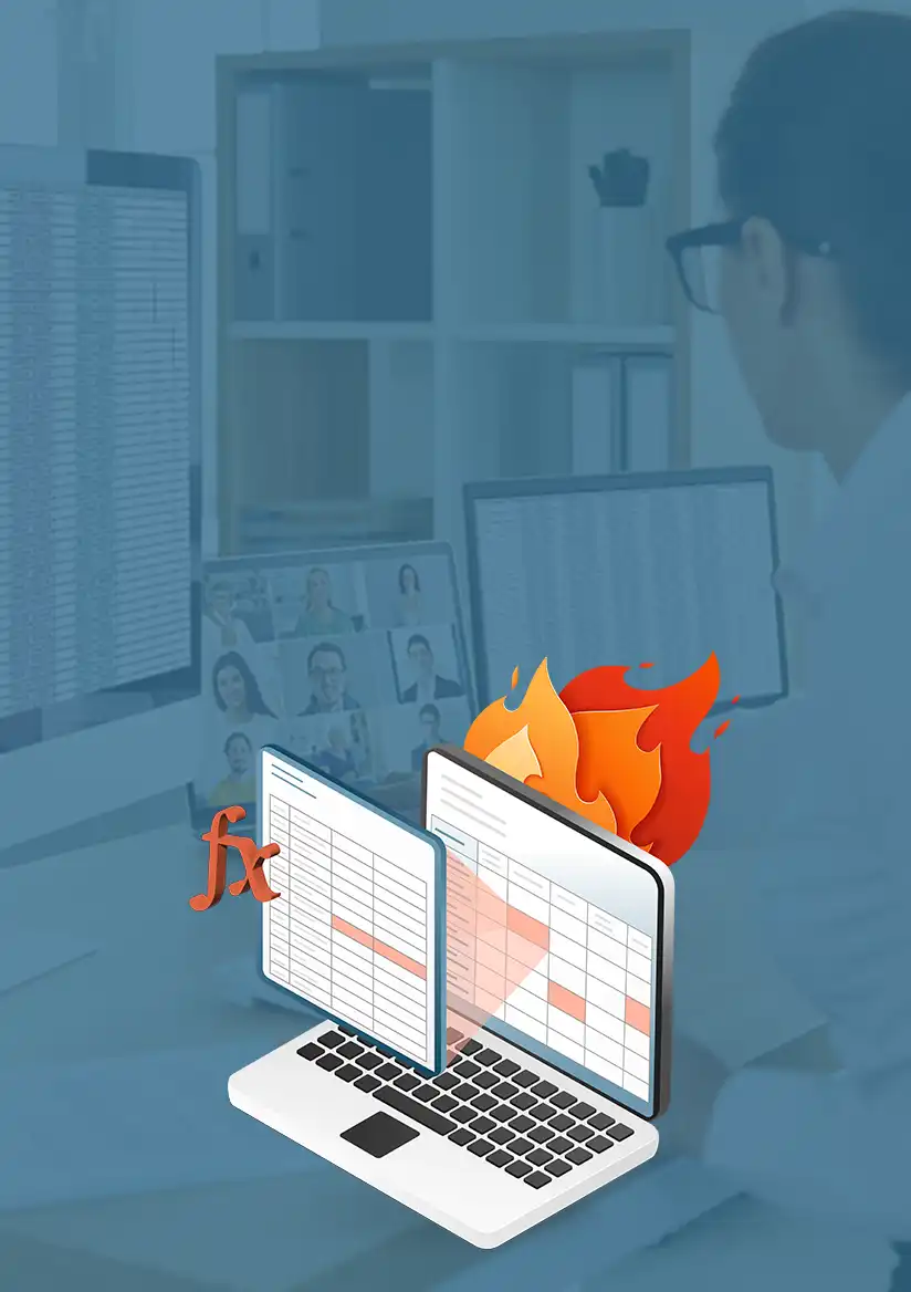 A 3d rendering of a laptop on fire with a spreadsheet popping out of the screen.