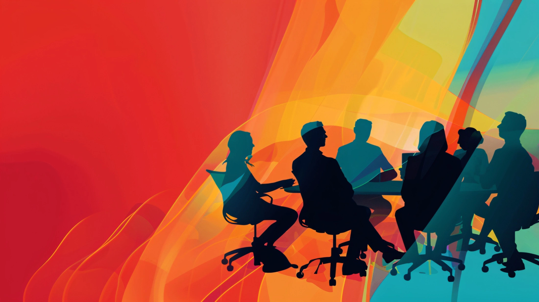 A colorful, abstract image showing a team collaborating at a table.