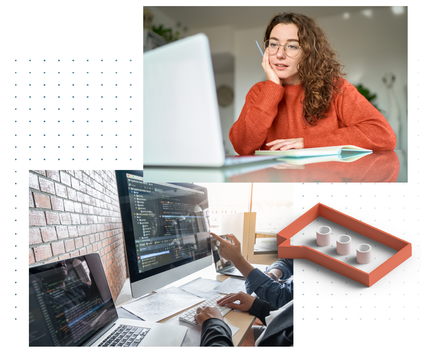 Image 1: A girl listening to someone she is on a call with on her laptop, pen and notebook handy for notes; Image 2: Two developers point to a screen reviewing lines of code. 