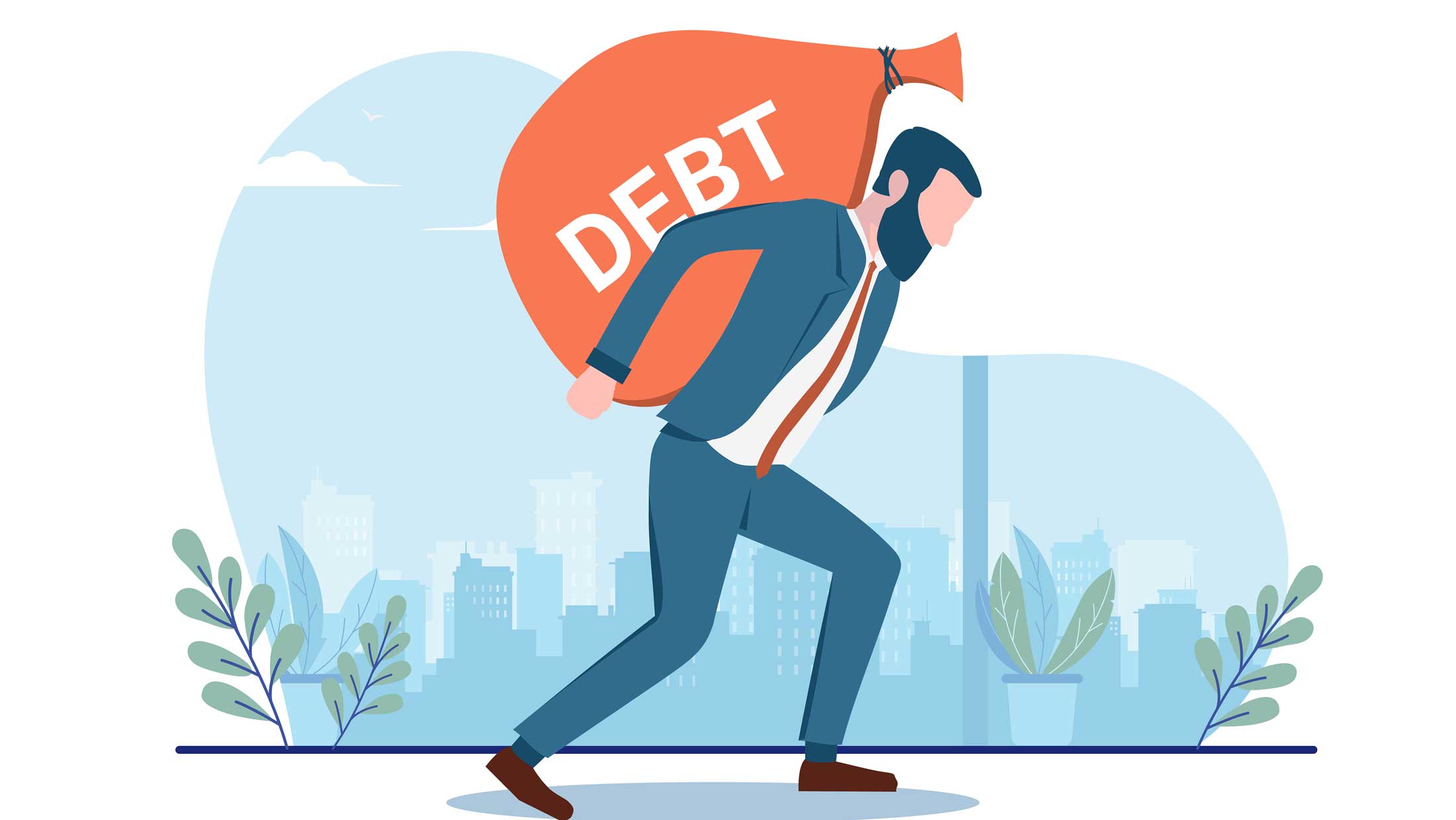 Illustration of a business man carrying a huge sack on his back labeled "DEBT"