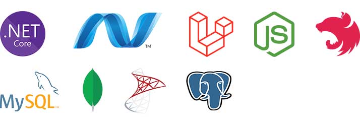 Icons: NET Core, ASP.Net, Laravel, NodeJS, NestJS, MySQL, MongoDB, Microsoft SQL, PostgreSQL 