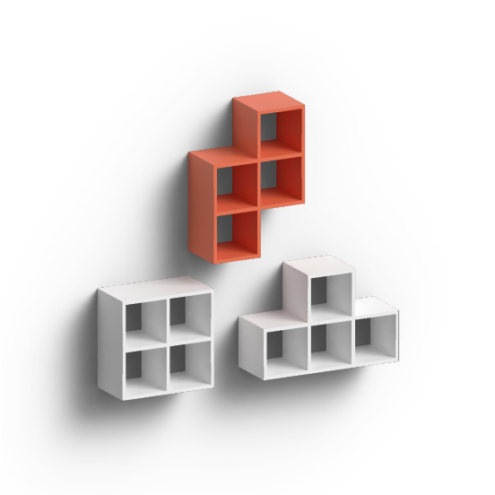 3D cubes connected into 3 distinct shapes, all 3 of which interlock together.