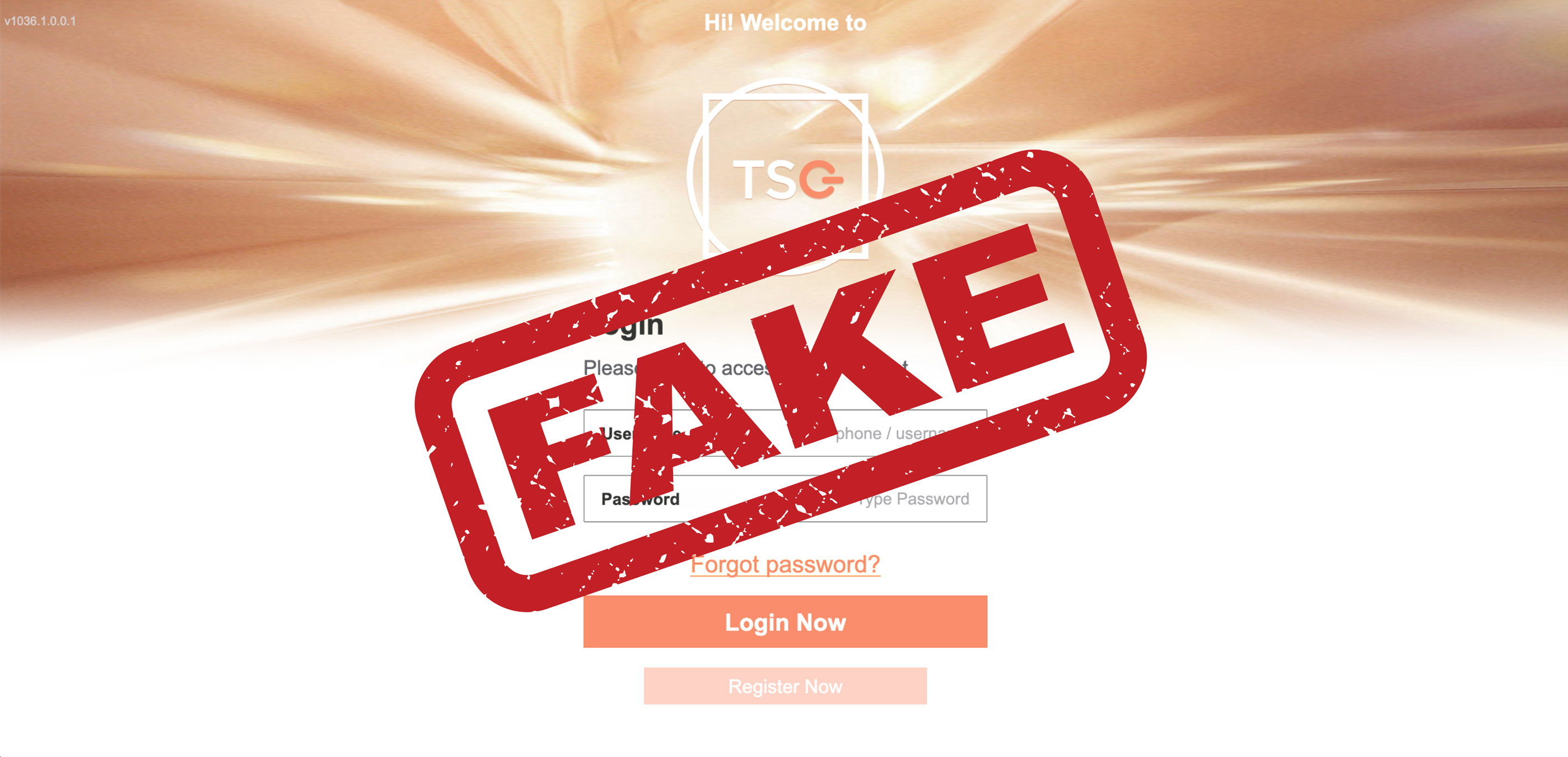 Screenshot of scammers website interface with the word "FAKE" stamped over it in big red letters