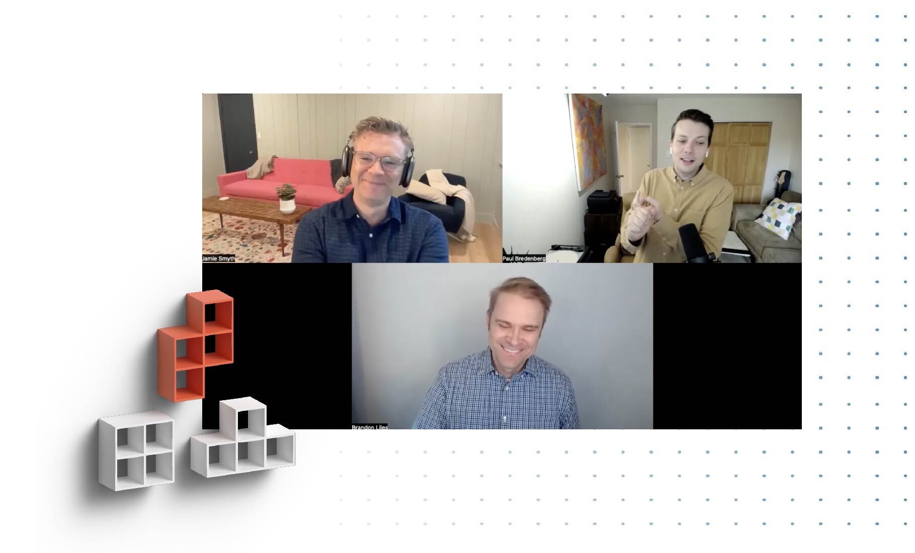 Composite image of 2 developers and CEO, Jamie, on a video call. The 3D graphic of interlocking box shapes overlays the image.