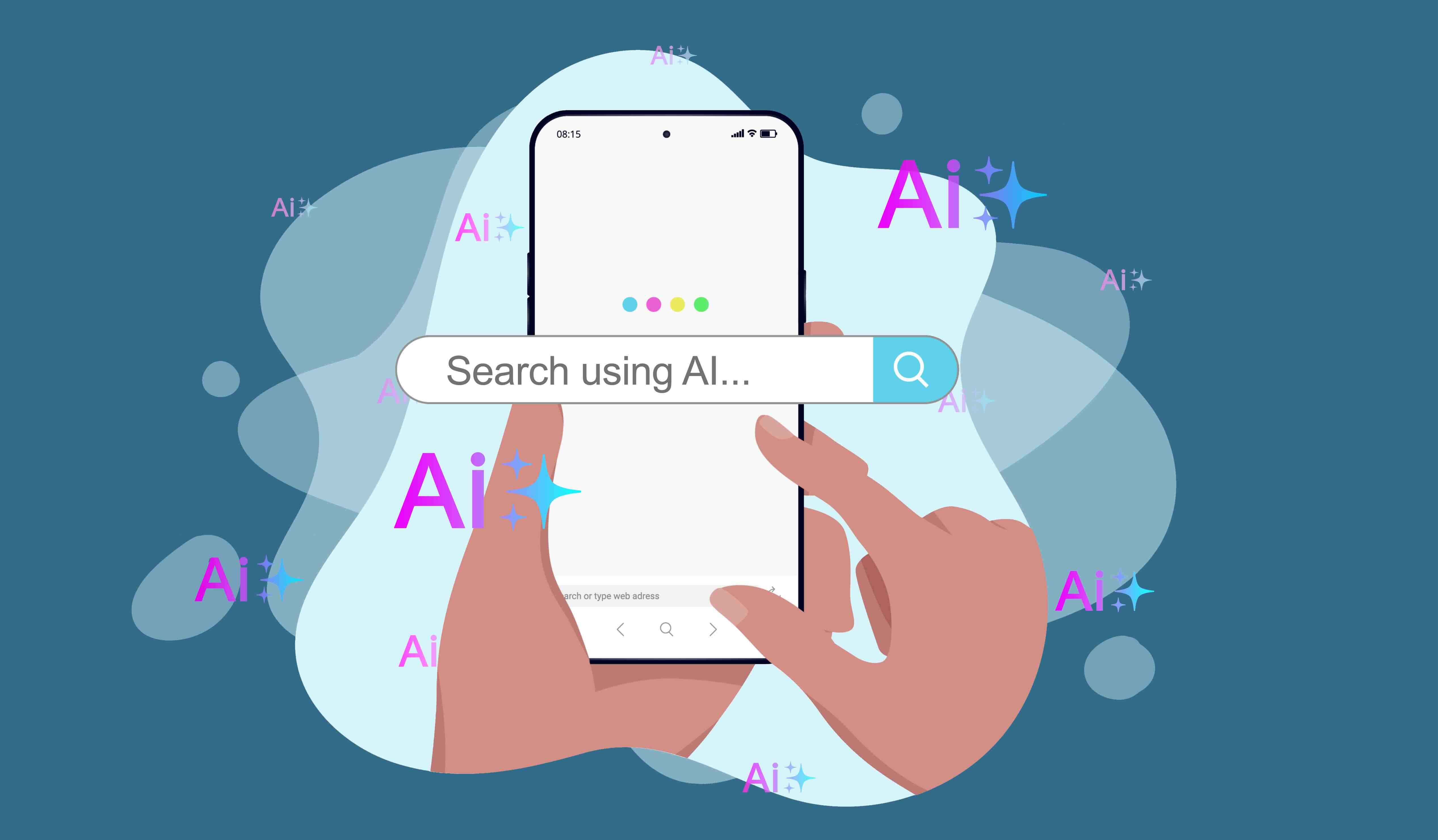 A graphic of a hand holding a mobile phone with a search bar that says "Search using AI"