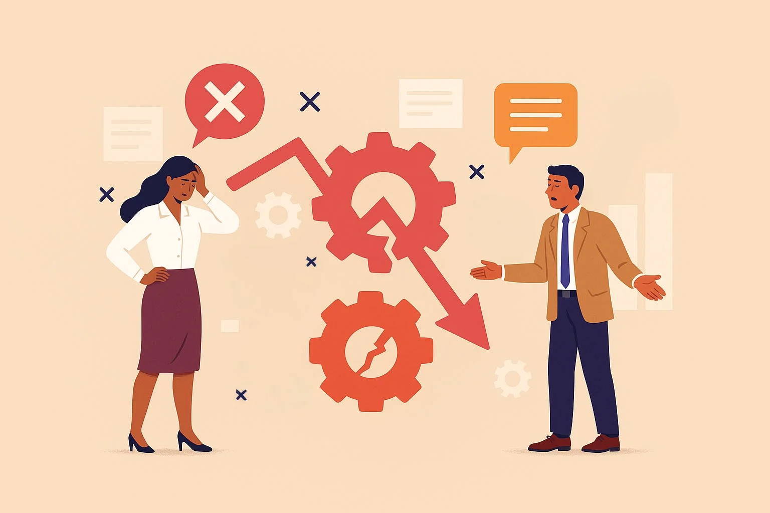 Graphic of a man and woman who seem to be frustrated, communicating with each other about why the giant gears floating over them are broken and have a downward pointing arrow between them. 