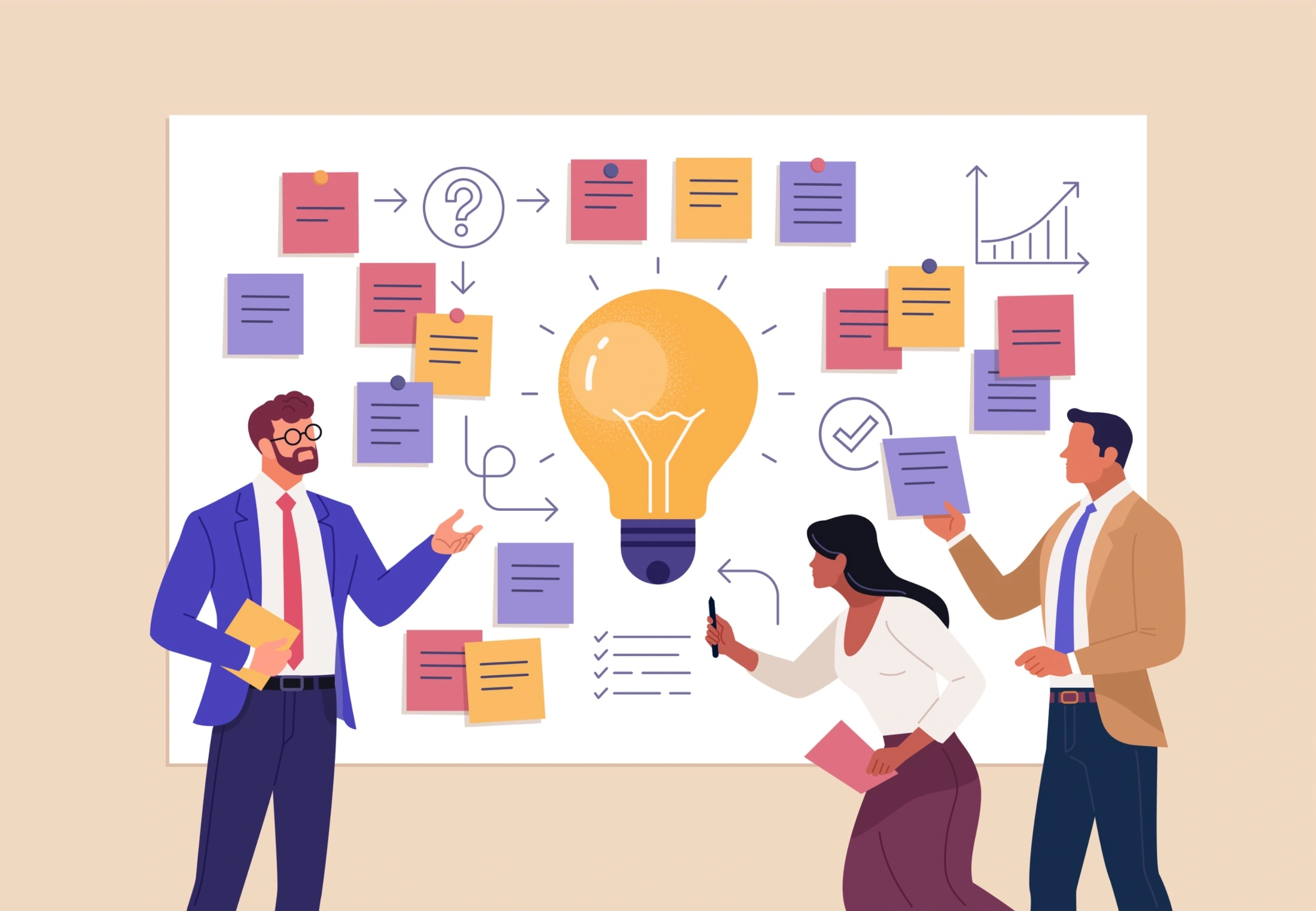 Graphic of a team working at a large board full of notes. A giant lightbulb looms over them for dramatic effect.