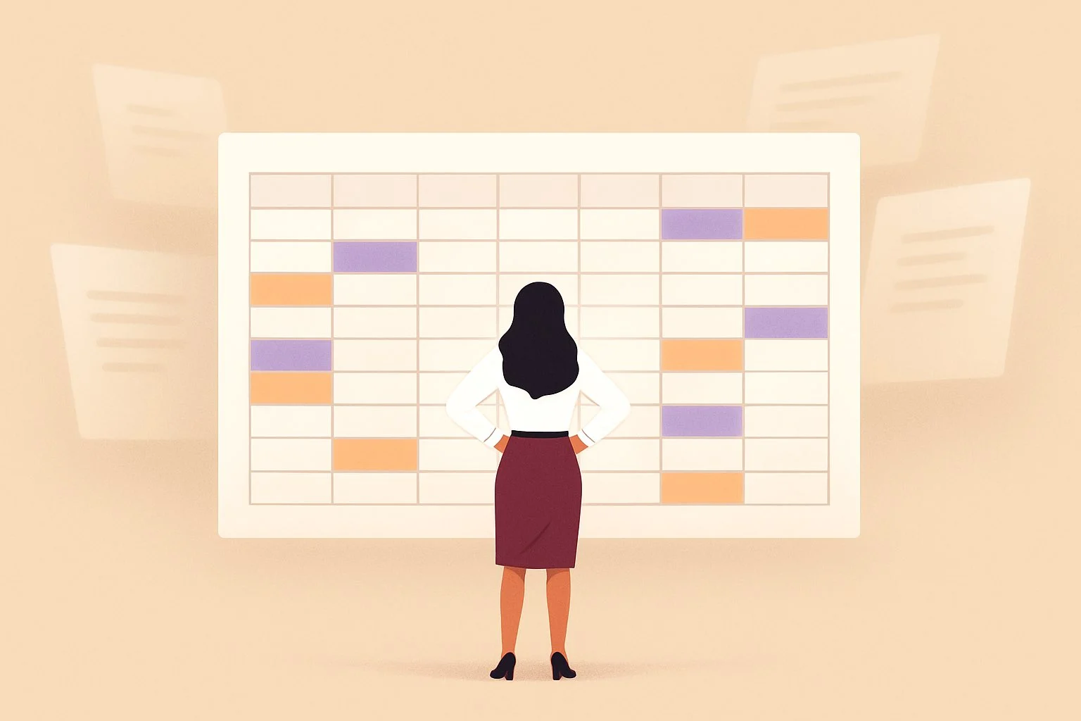 A business woman looks at a giant spreadsheet on a wall in front of her. It's so big that her entire body could fit inside of it.