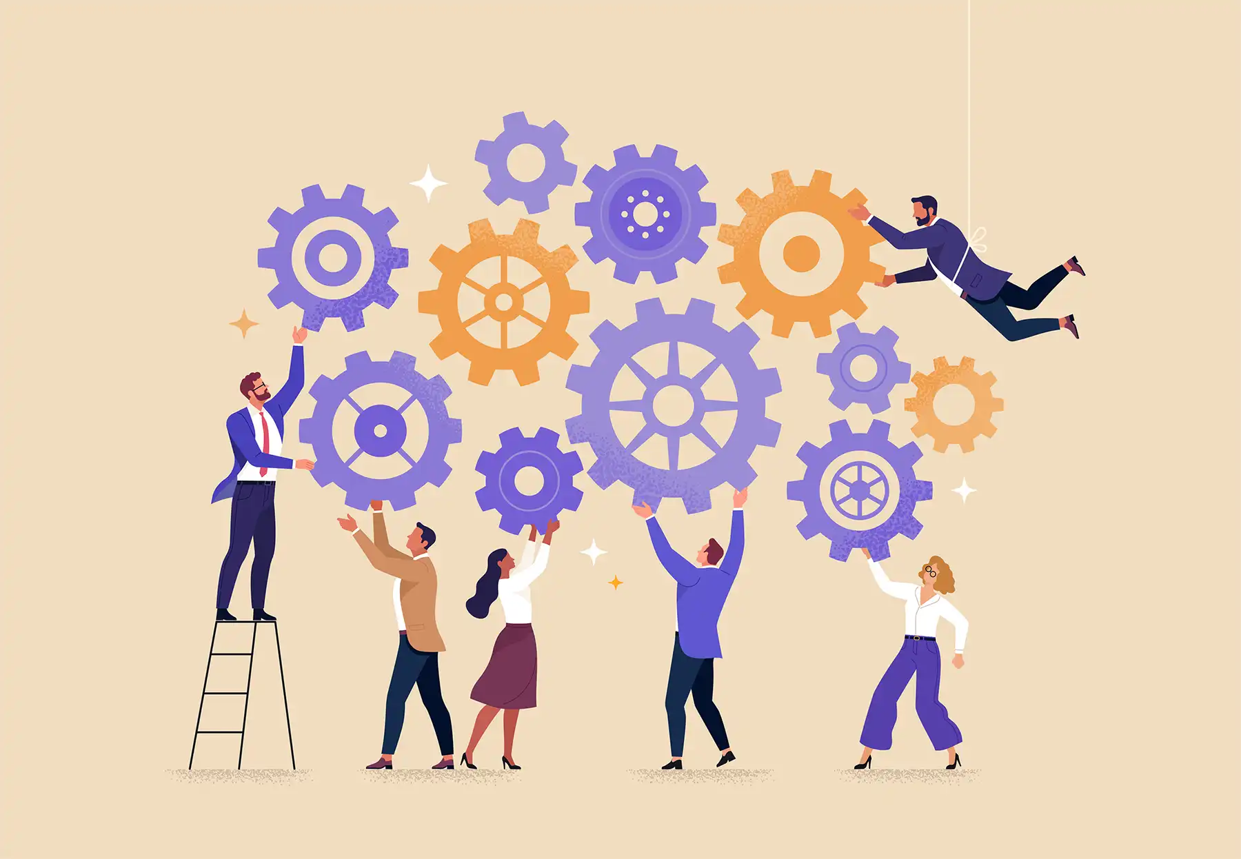 Graphic of a cluster of floating gears with people standing underneath them, trying to turn them themselves. One guy is on the top rung of a ladder—very unsafe. Another man hangs from a string tied around his waist.