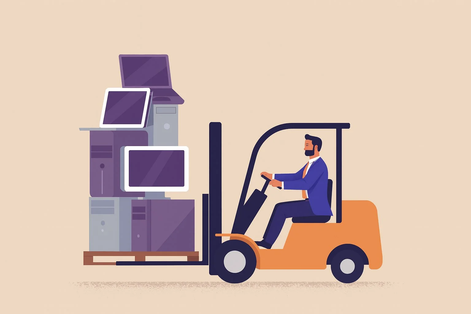 Graphic of a man moving some computers and screens on a forklift. This is obviously a very inefficient and stupid way to move computers. 